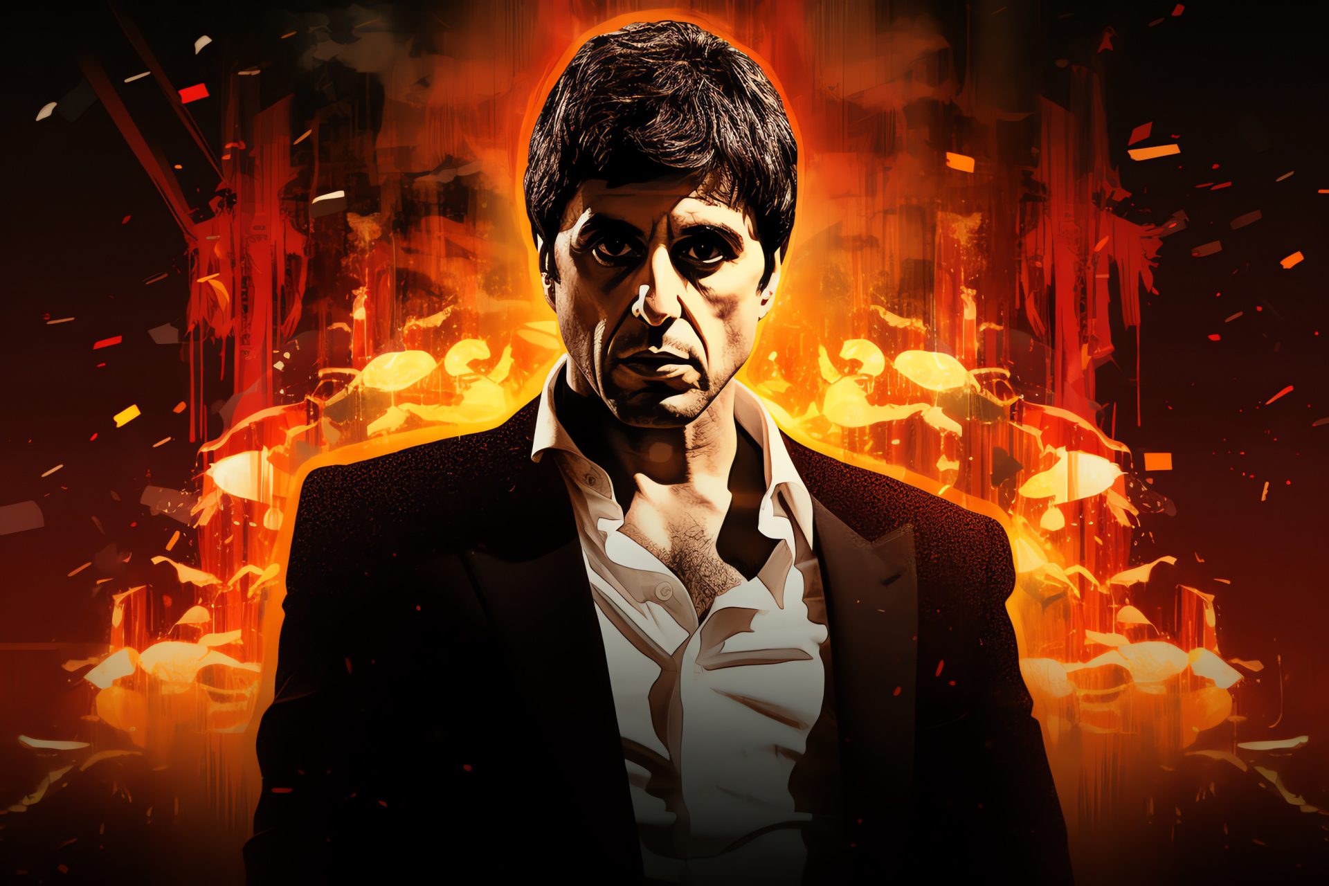 Tony Montana, Al Pacino portrayal, Cult film, Intense mural depiction, Crime epic, HD Desktop Image