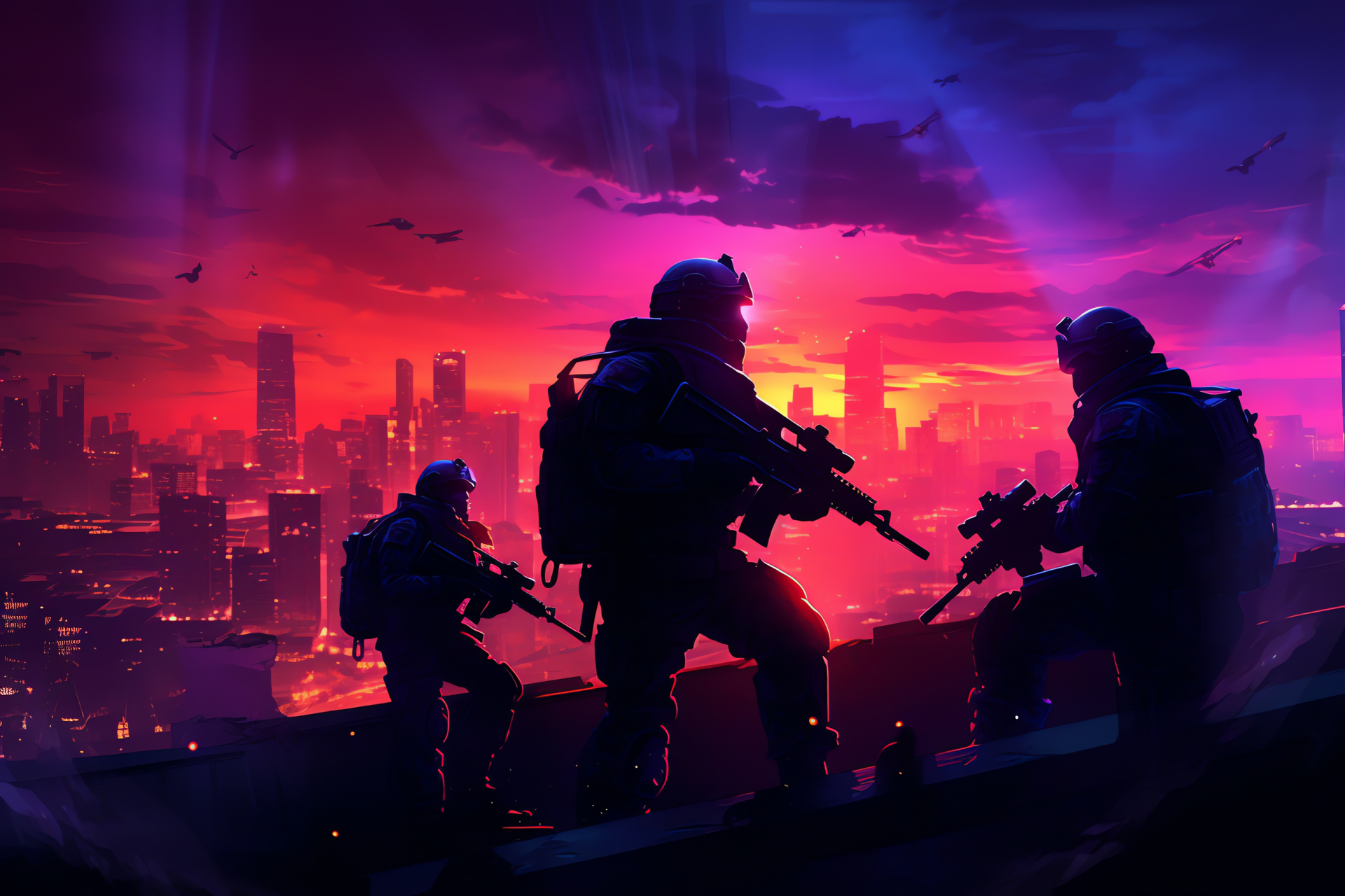 Urban tactical confrontation, Elevated combat zone, Metropolitan landscape, Strategic shooter experience, Skyline gaming environment, HD Desktop Image