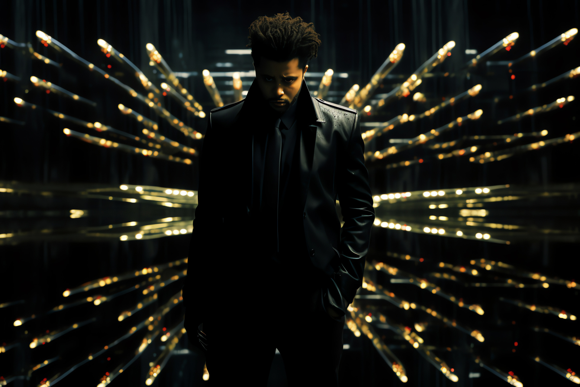 Pop artist The Weeknd, Stage identity, Performer's expression, Celebrity hairstyle, Performance wardrobe, HD Desktop Image