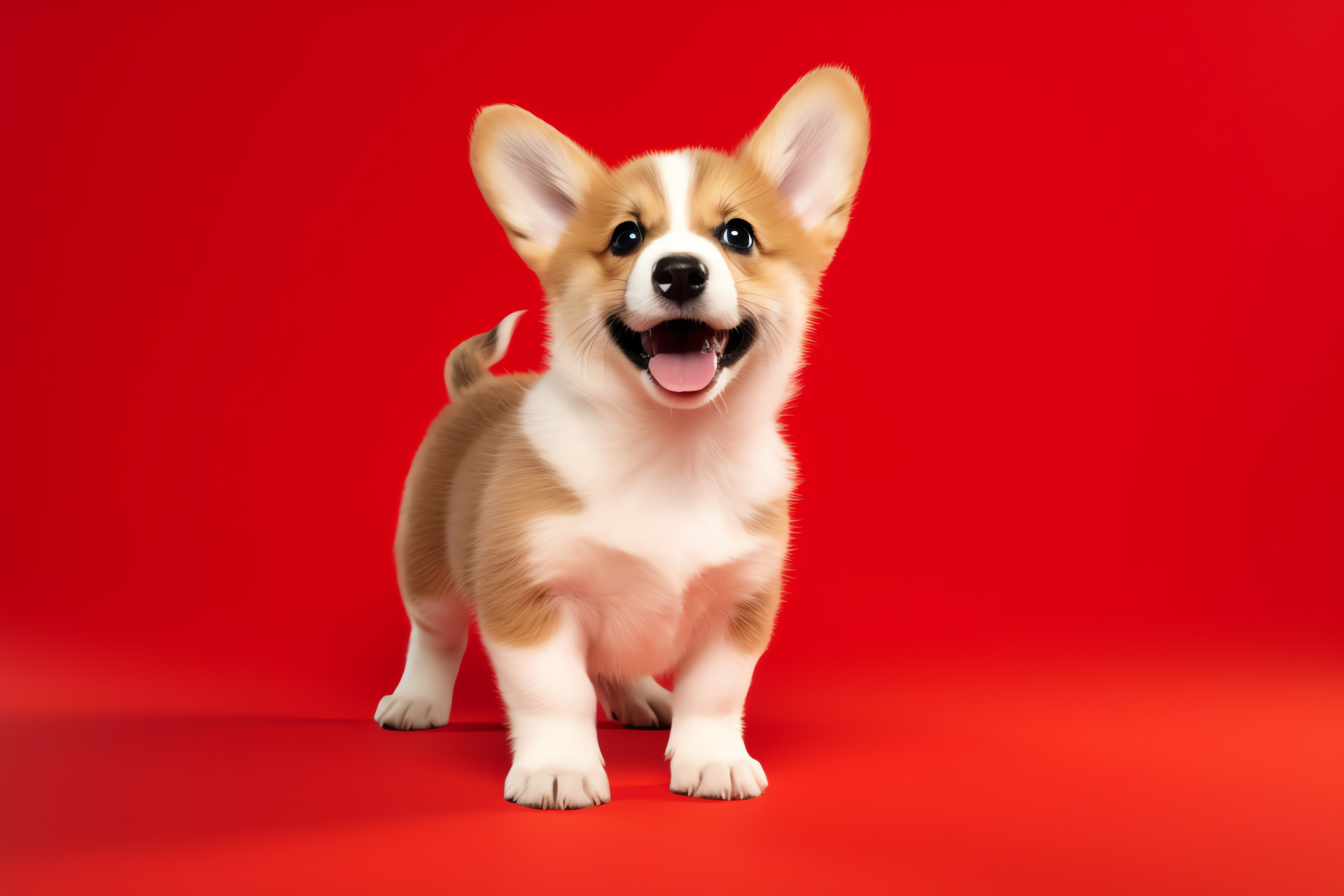 Corgi puppies, fluffy animals, red background, short-legged dogs, playful litter, HD Desktop Wallpaper