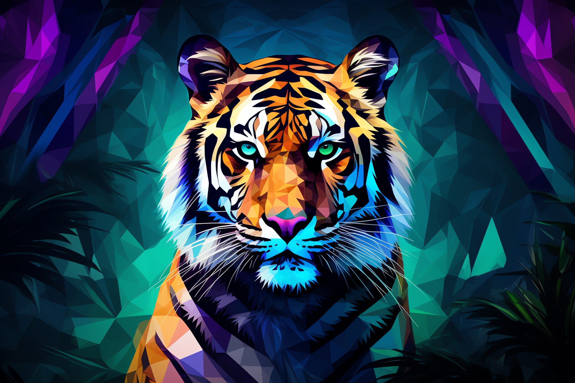 Tiger display, Exotic feline, Abstract artistic setting, Predatory gaze, Emerald eye detail, HD Desktop Image