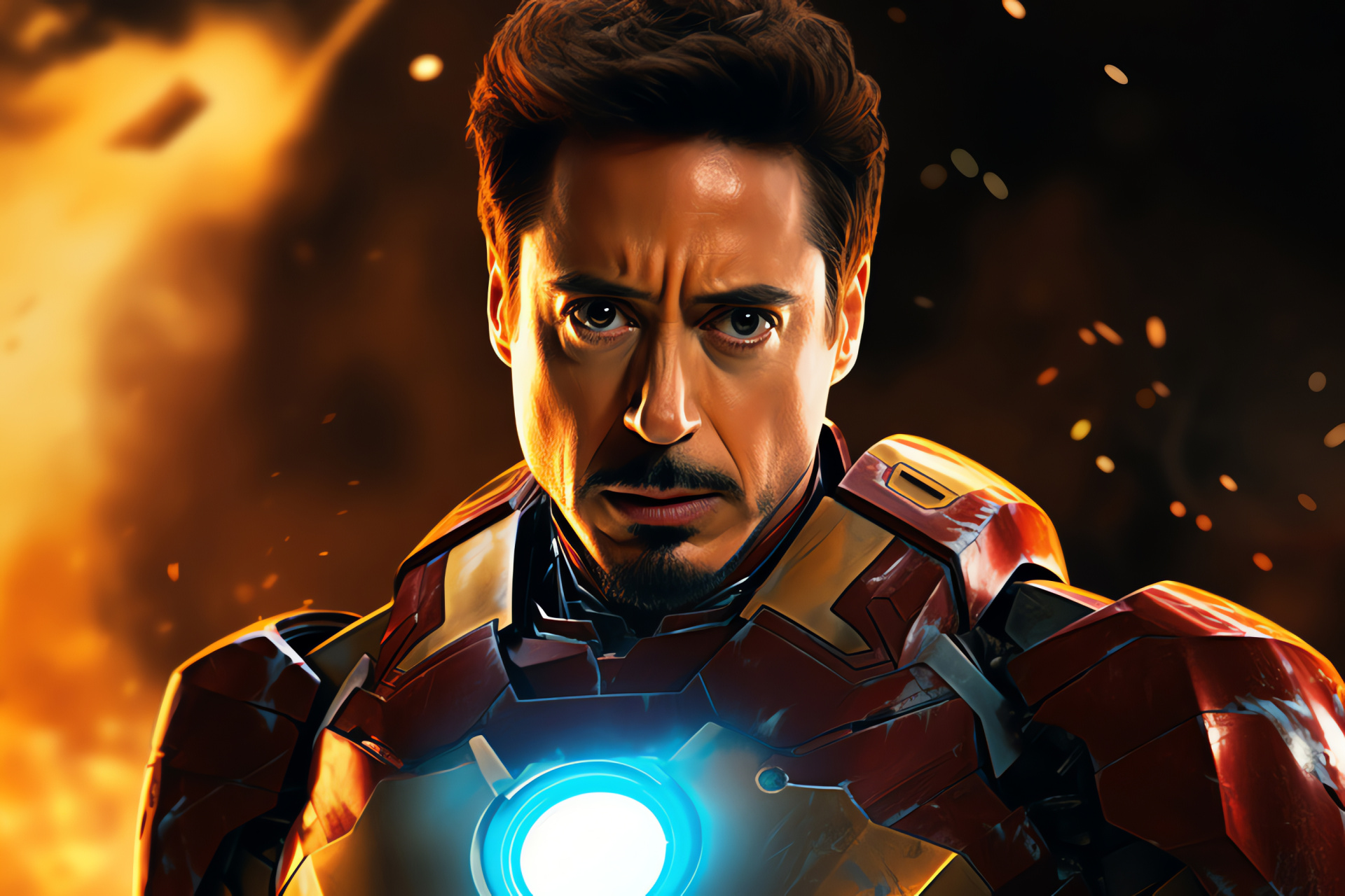 Robert Downey Jr, Armor technology, Marvel Comics, Superhero stance, Sci-Fi energy, HD Desktop Wallpaper