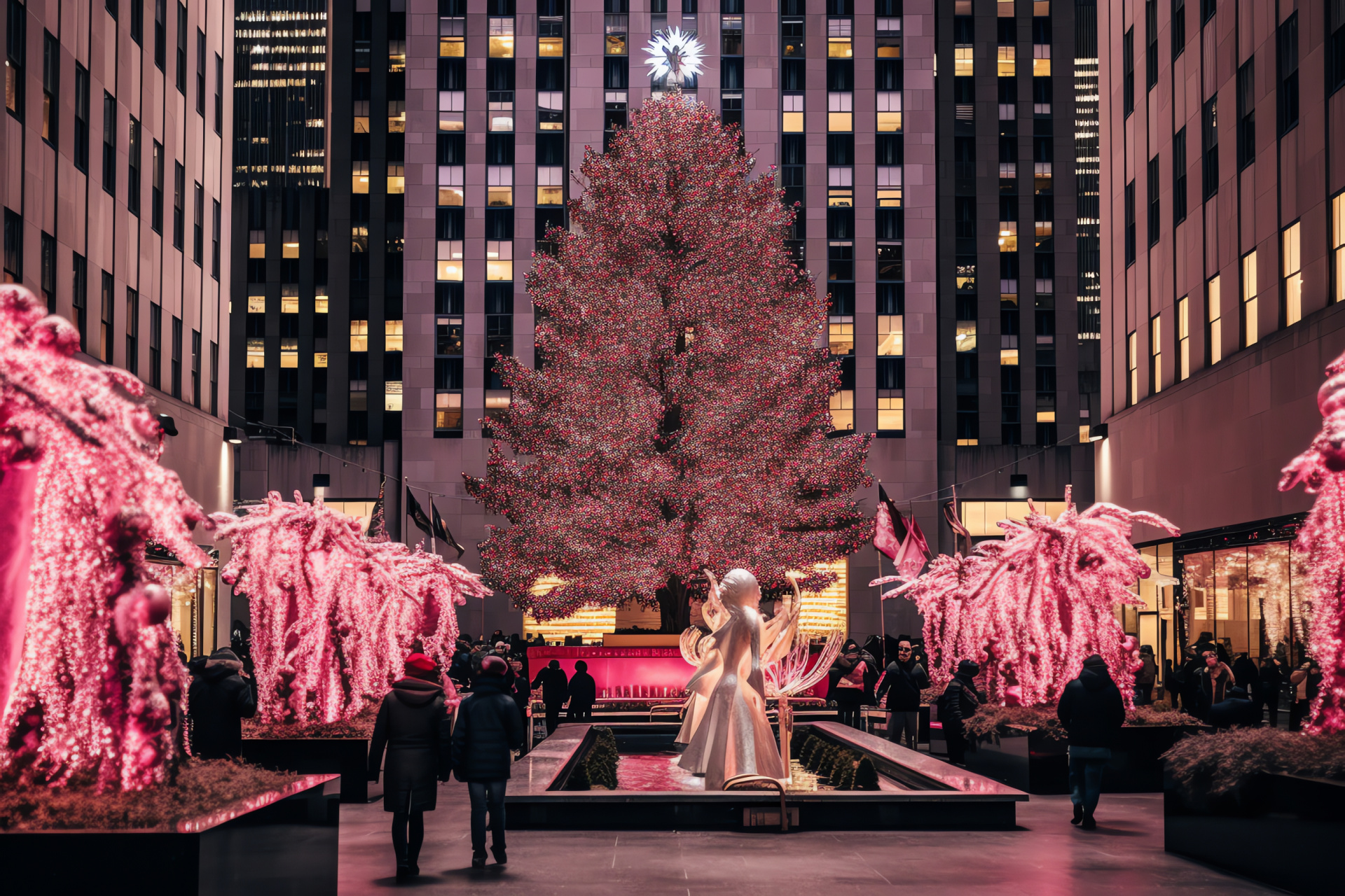 New York City Christmas glam, Pink-lit Rockefeller Center, Bustling holiday crowd, Winter ice festivities, Gourmet treats, HD Desktop Wallpaper