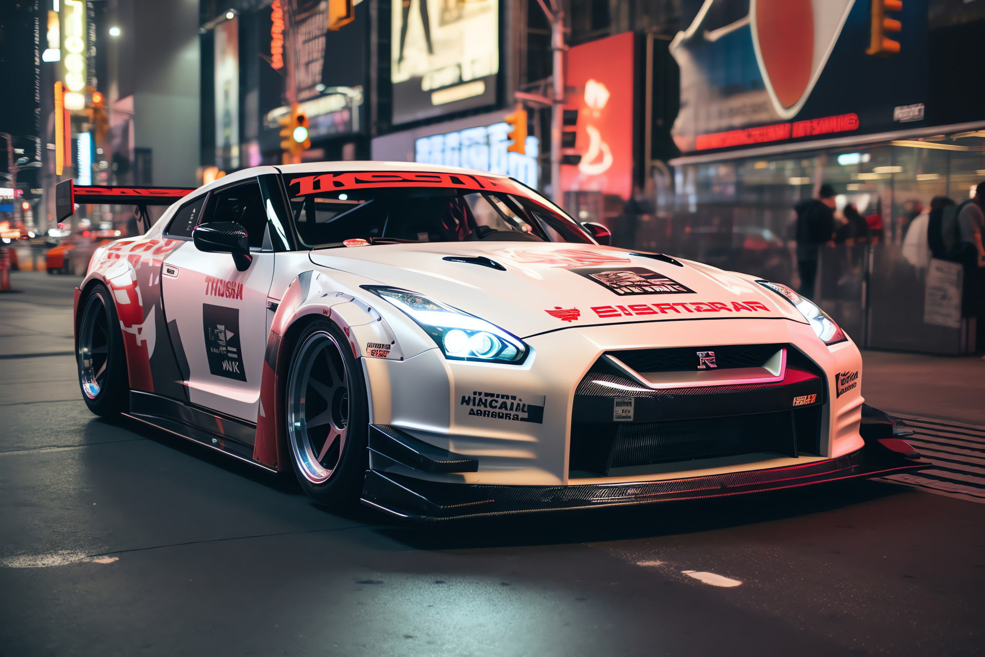 Nissan GTR Liberty Walk, Times Square energy, Vibrant vehicle wrap, Customized aerodynamic kit, Billboard filled skyline, HD Desktop Wallpaper