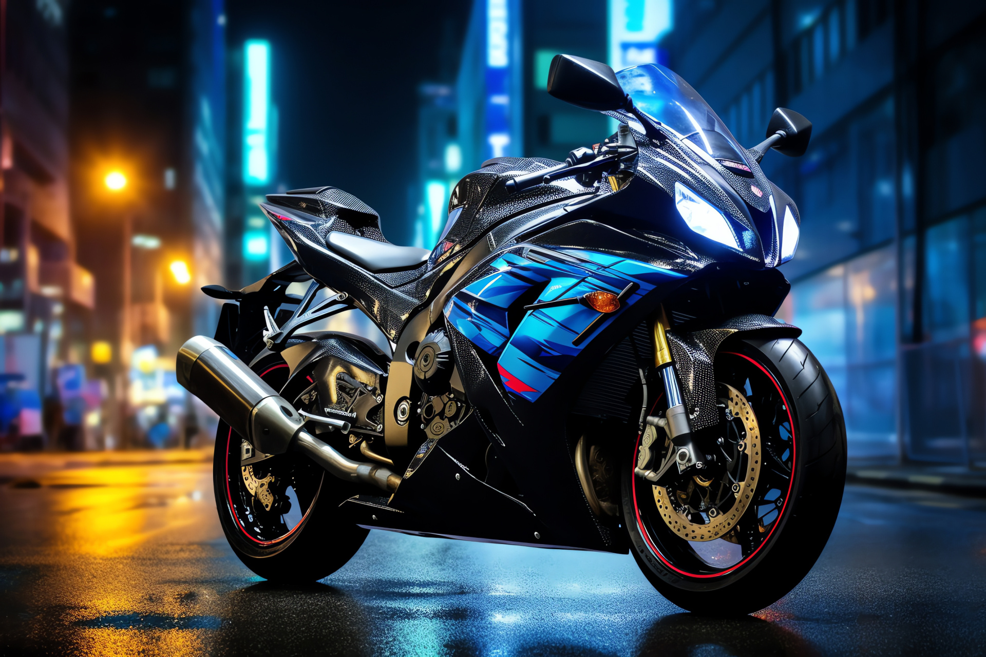 Suzuki GSXR 750 in Tokyo, Futuristic motor attire, Motorcycle racing capture, Neon city illumination, Urban reflections, HD Desktop Wallpaper