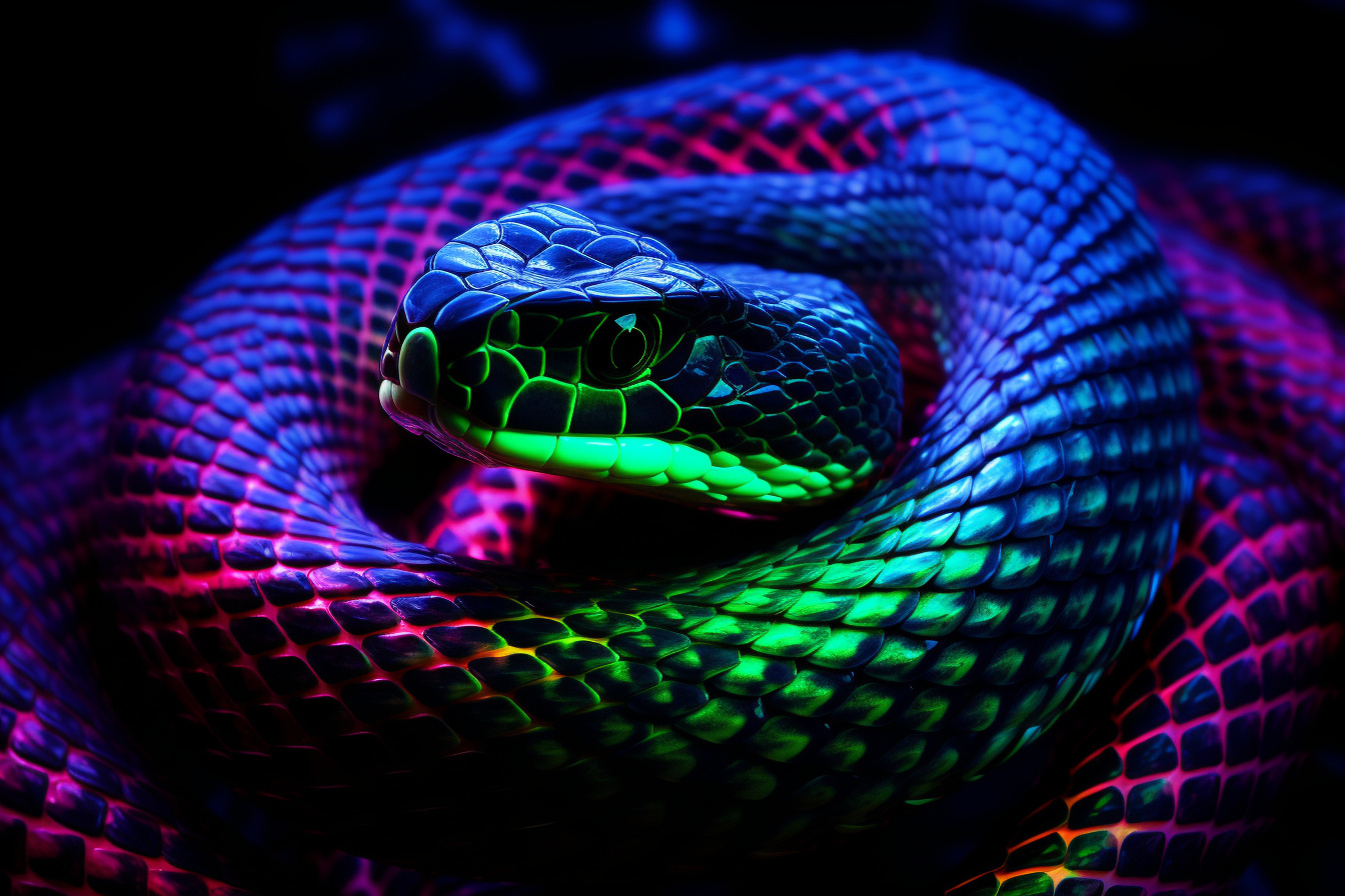 Verdant Neon Snake, Slithering creature, Tri-color abstract backdrop, Glowing reptile, HD Desktop Image