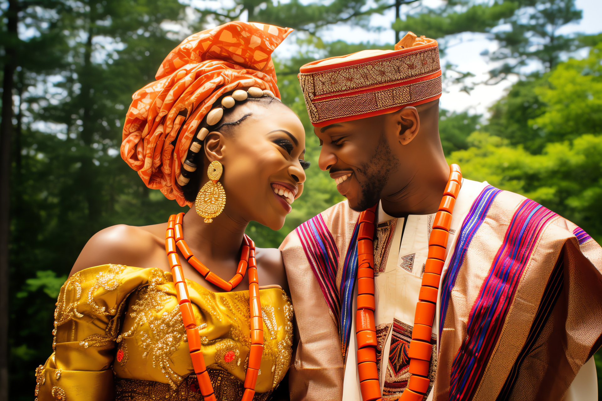 Traditional Nigerian nuptial outdoor festivity, vibrant ceremony attire, gele cultural headpiece, celebratory customs, HD Desktop Image