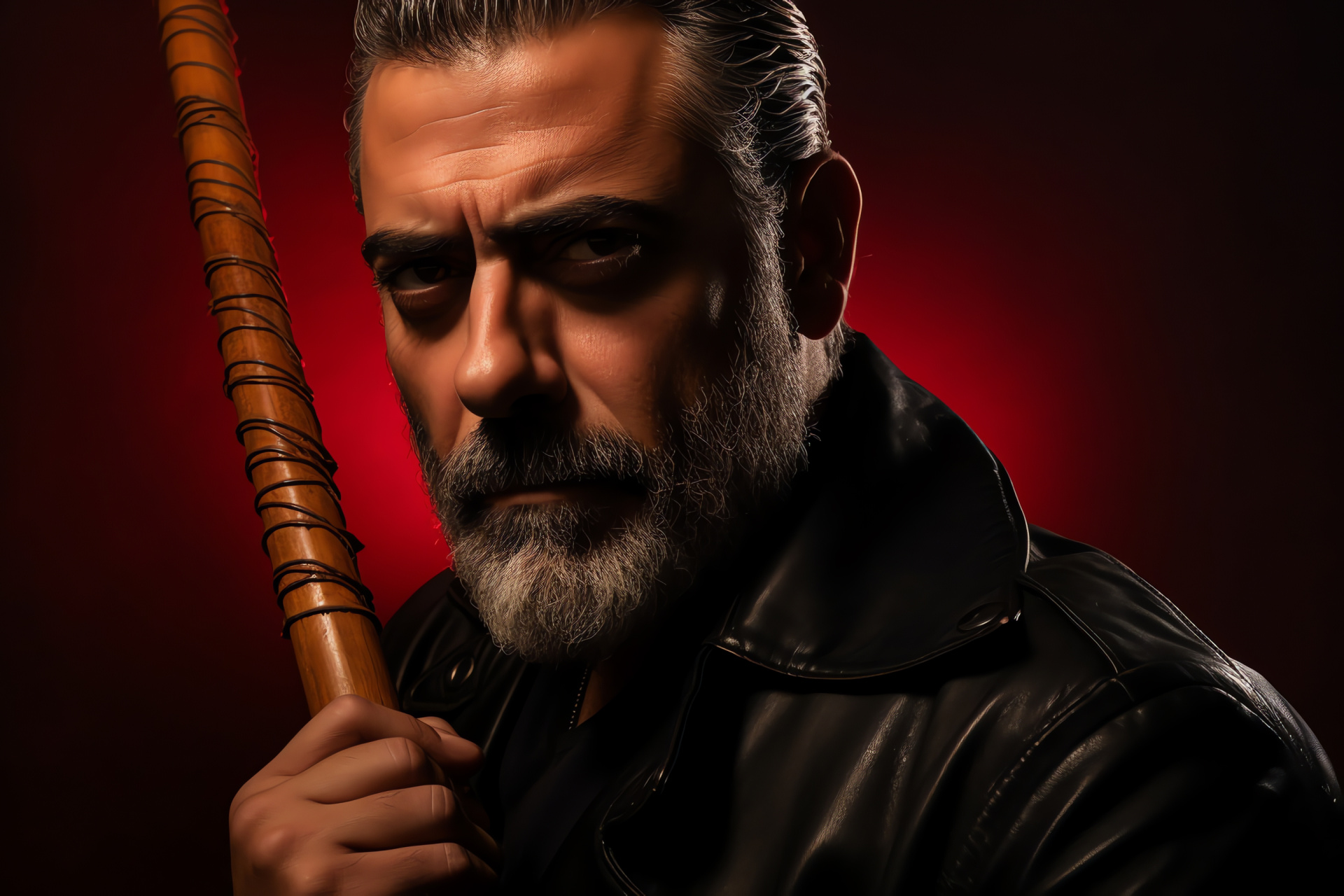 Negan portrait, Walking Dead character, Actor Jeffrey Dean Morgan, Iconic leather jacket, Lucille bat, HD Desktop Wallpaper