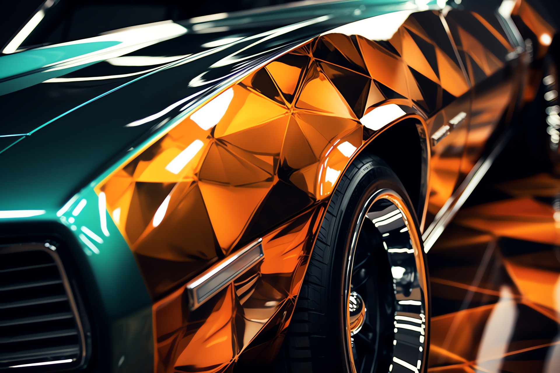 Muscle car geometric, Metallic sheen, Design prominence, Close-range detail, Contemporary auto, HD Desktop Image