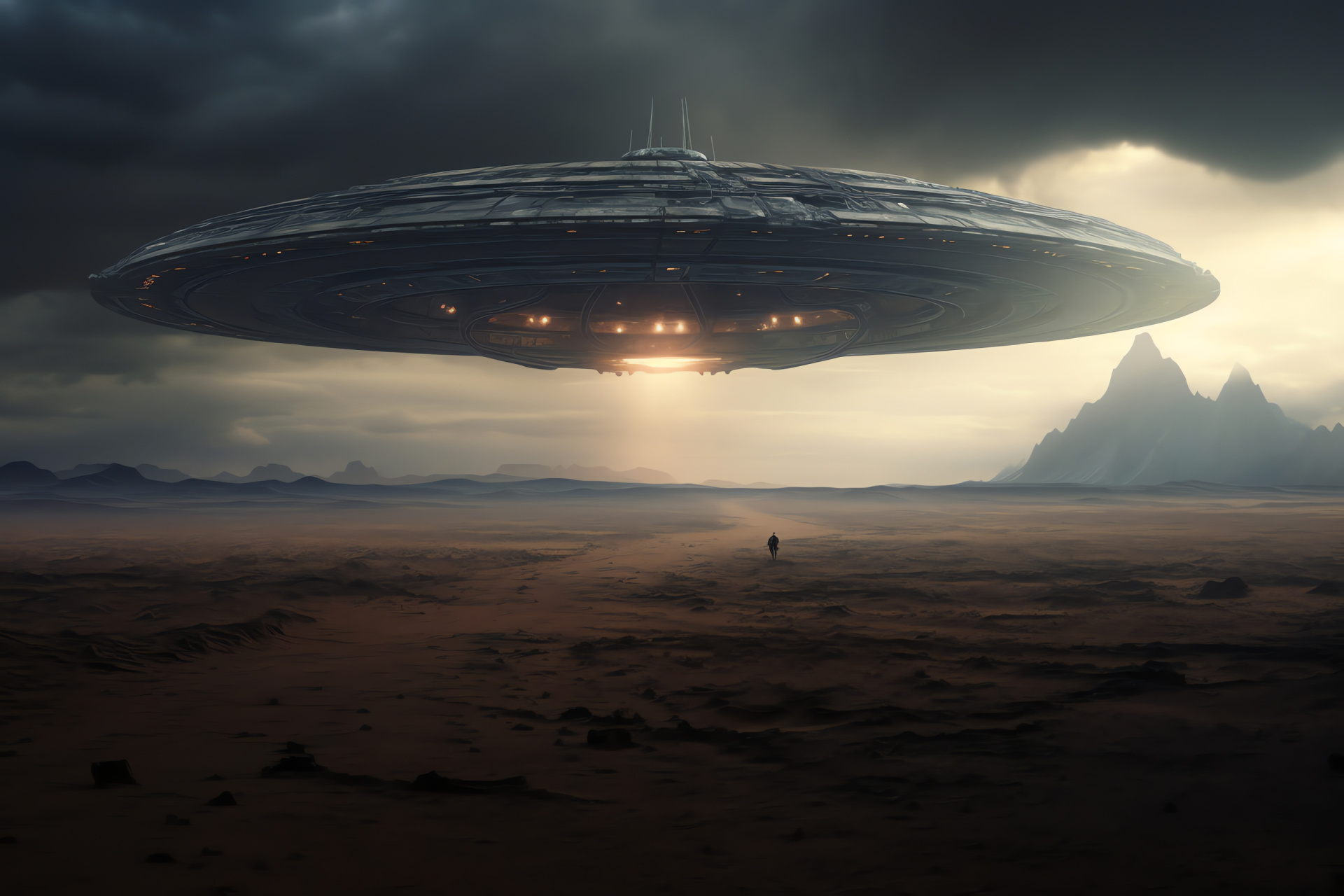 Sci Fi Mothership, Desolate Planet, Colossal Spaceship, Cast Shadows, Barren Terrain, HD Desktop Image
