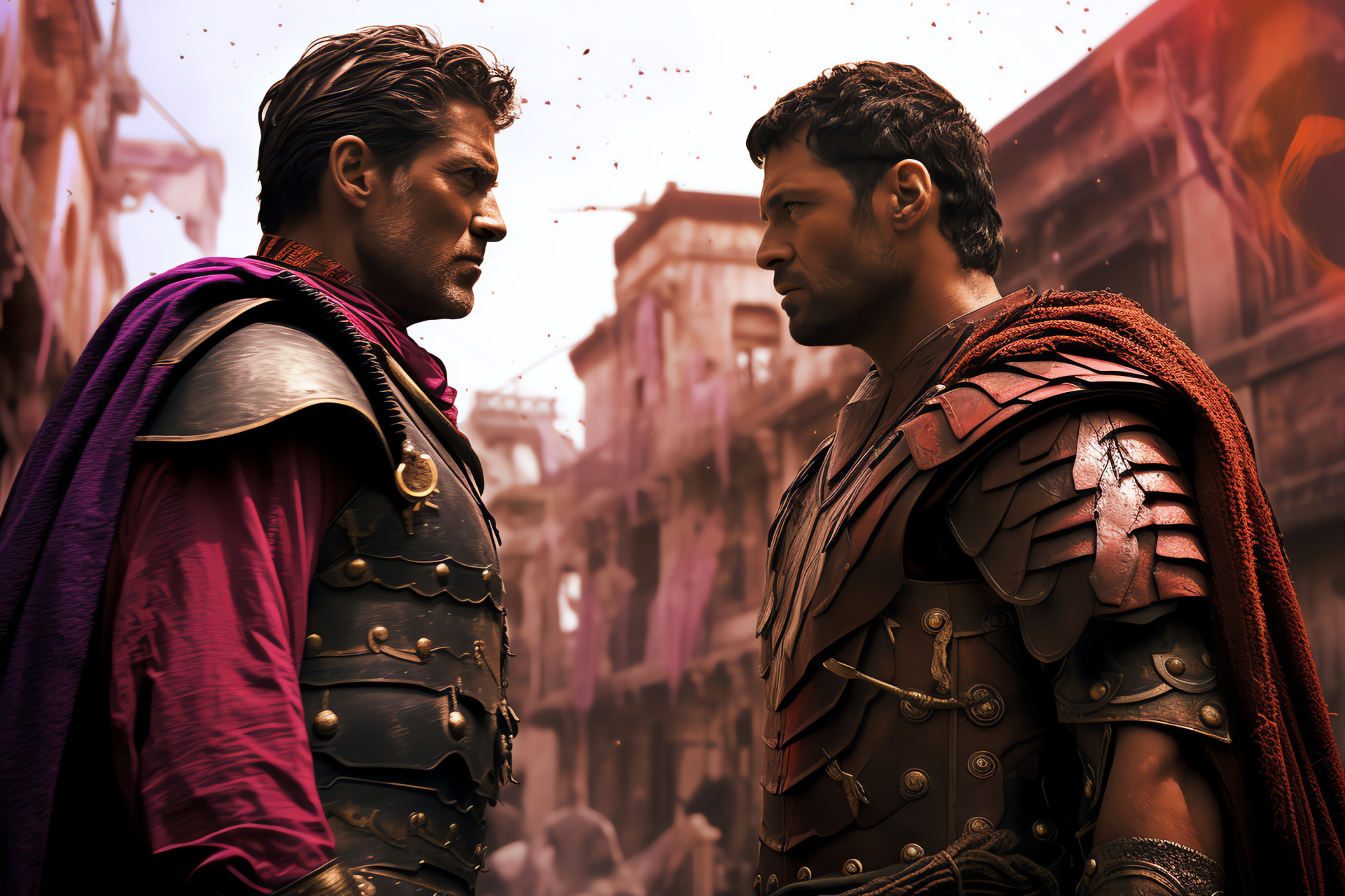 Spartacus warrior, patrician from Rome, historical meeting place, marred battle gear, superior air, HD Desktop Wallpaper