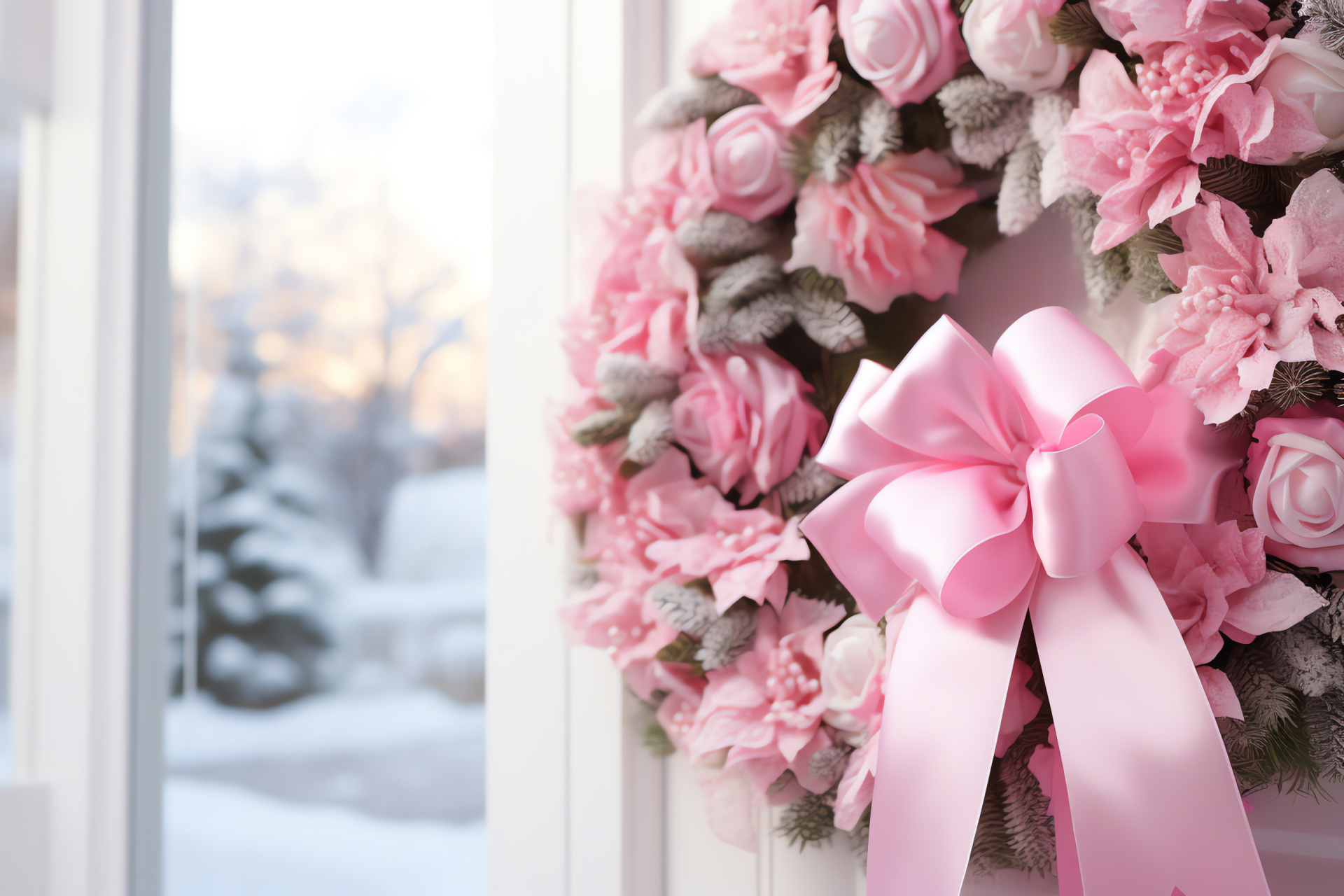 Festive decoration, Rosy hue, Seasonal greeting, Home entrance, Holiday flair, HD Desktop Image