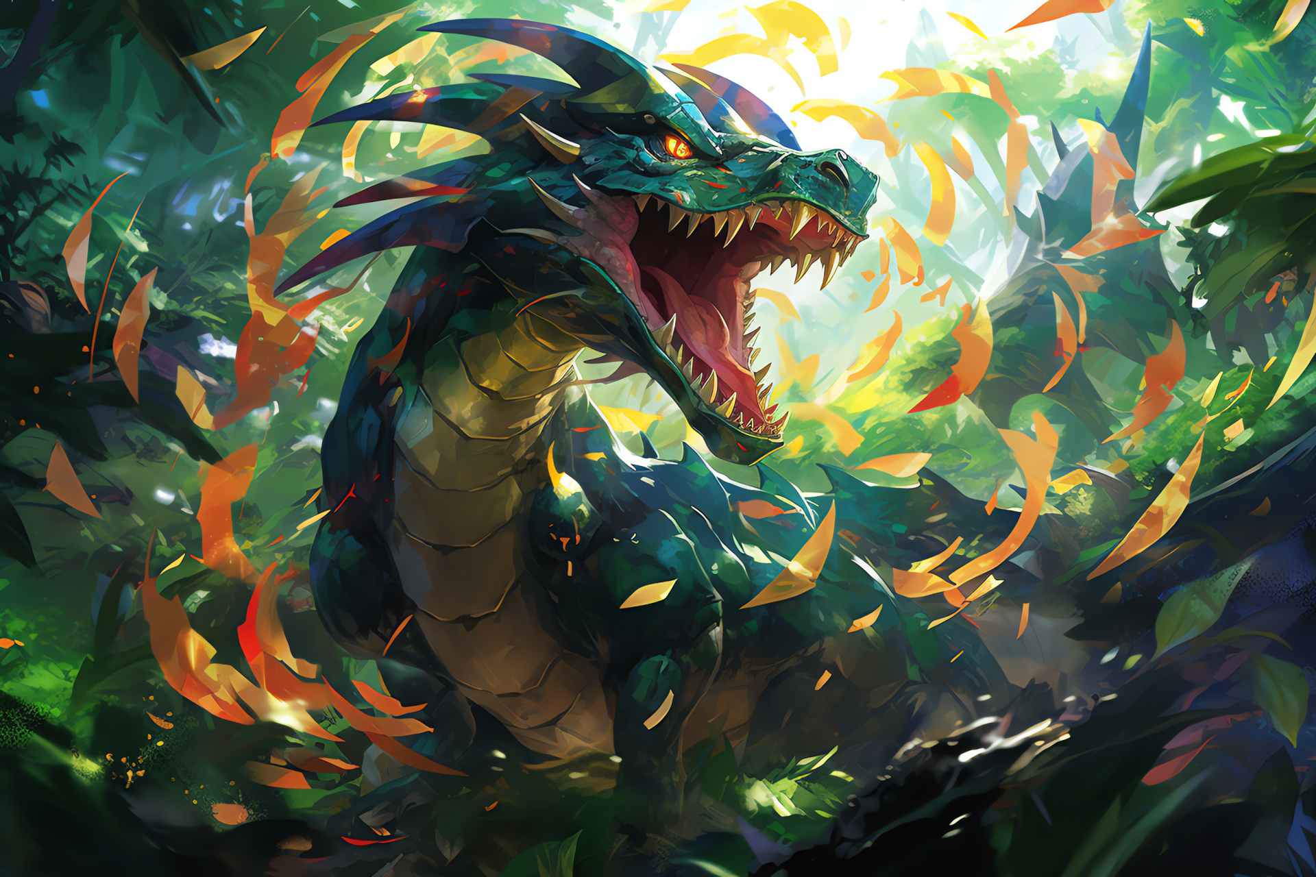 Rayquaza, tropical jungle, emerald texture, rainforest habitat, Legendary Dragon, HD Desktop Image