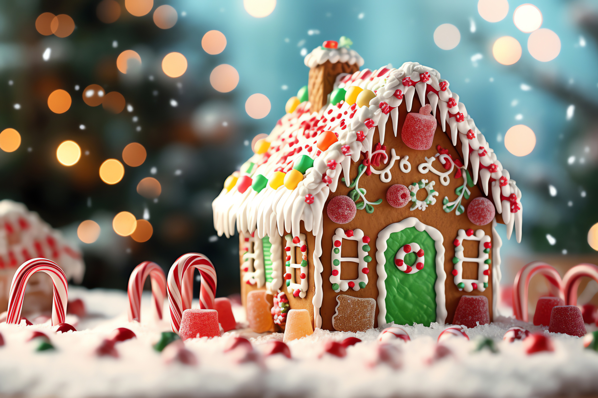 Seasonal gingerbread construction, edible holiday colors, sweet cane adornments, confectionery house details, festive dessert crafting, HD Desktop Image