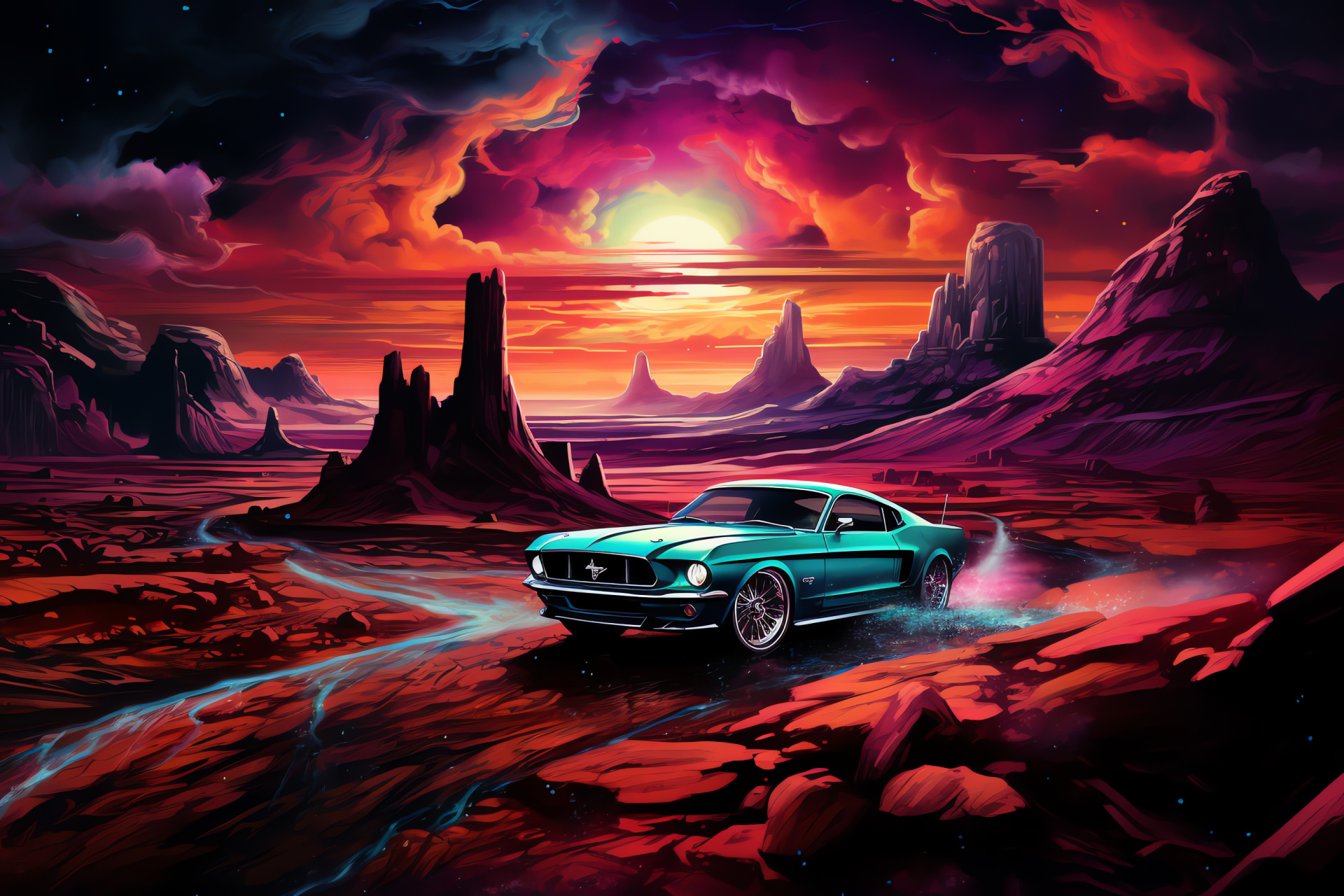 Ford Mustang, High-altitude landscape overview, Surreal scenario framing, Automotive forceful presence, HD Desktop Wallpaper