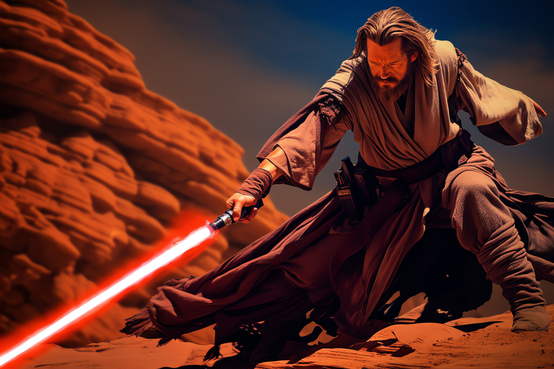 Jedi character Obi Wan Kenobi, Geonosis confrontation, Star Wars battle, Debris field, Sci-fi blaster combat, HD Desktop Image