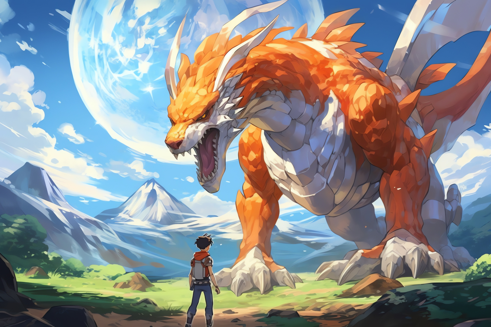 Elite Four Lance, Partner Dragonite, Dragon-type Move, Spread Wings, Intensity of Battle, HD Desktop Image