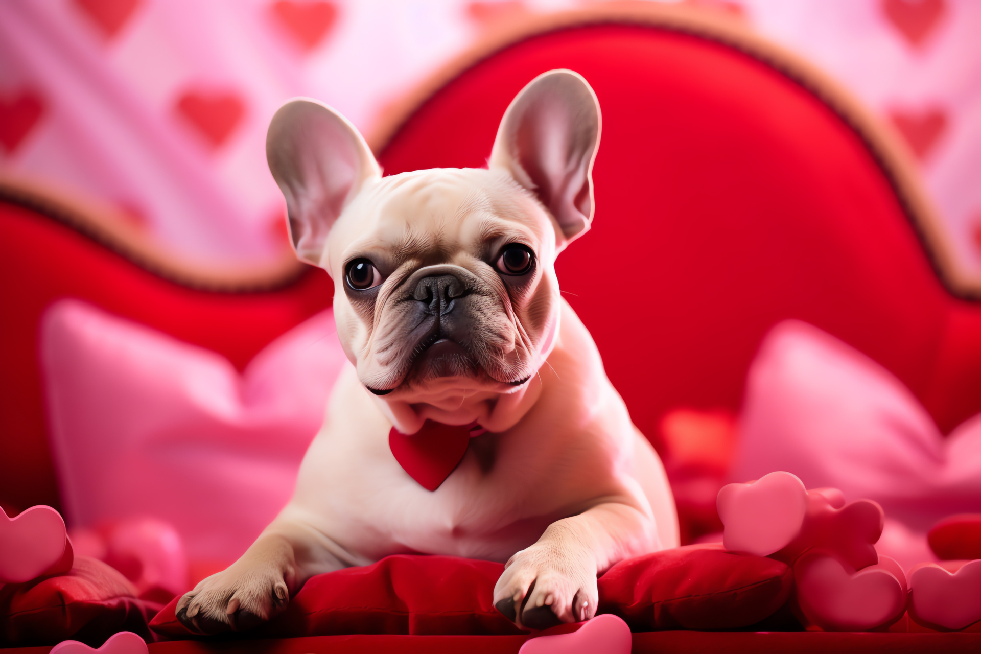 Valentine's Day canine, French bulldog charm, Celebratory pet collar, Lux velvet furniture, Decorative cushions, HD Desktop Wallpaper