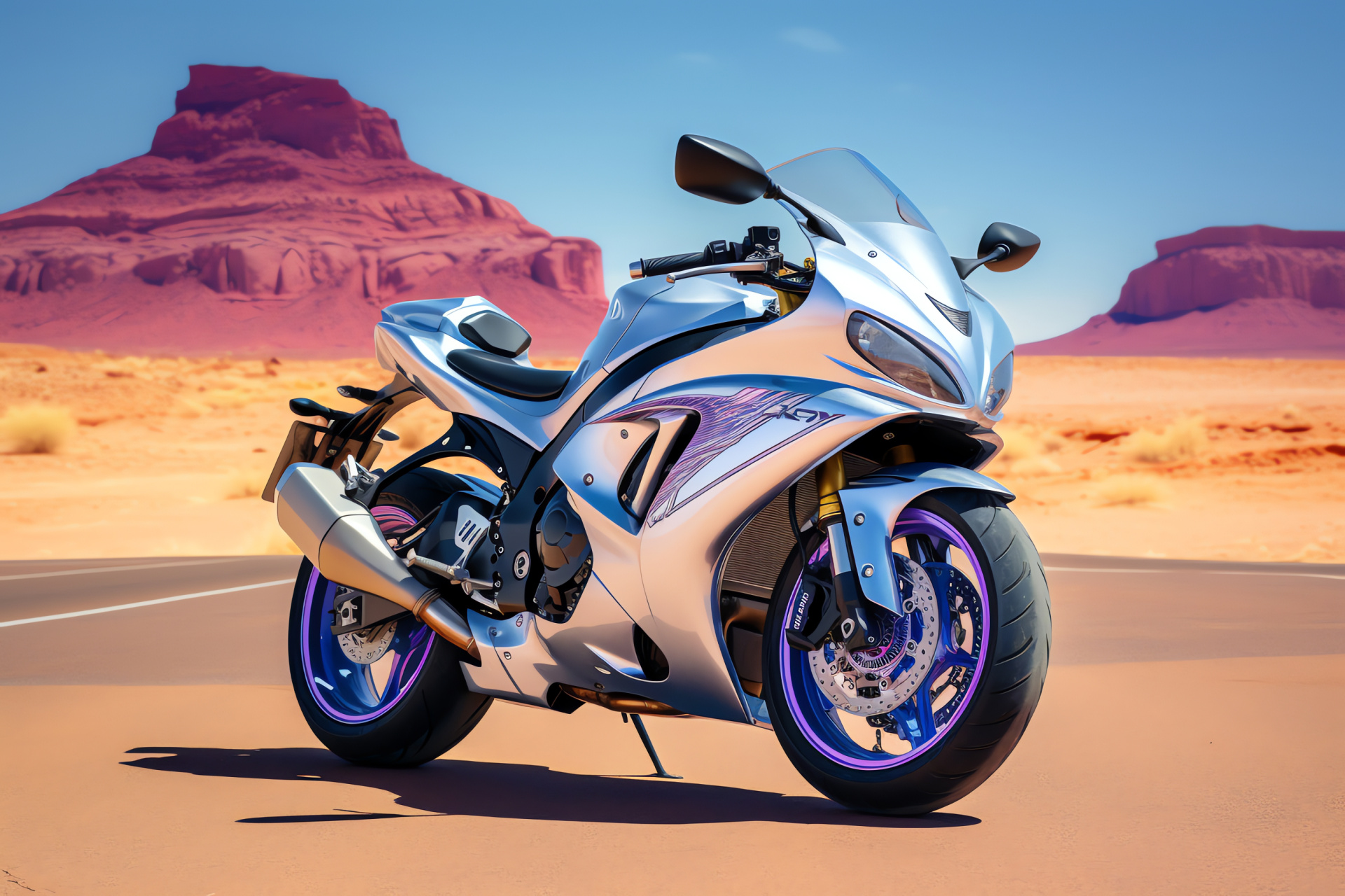 Suzuki GSXR 750, Desert racing, Aerial sportbike, Metallic silver finish, Arid terrain, HD Desktop Wallpaper