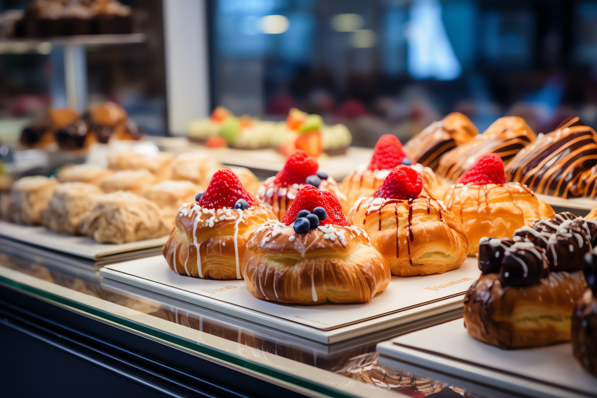 Patisserie showcase, Glass displays, Freshly baked croissants, Gourmet fruit tarts, Delicious eclairs, HD Desktop Wallpaper