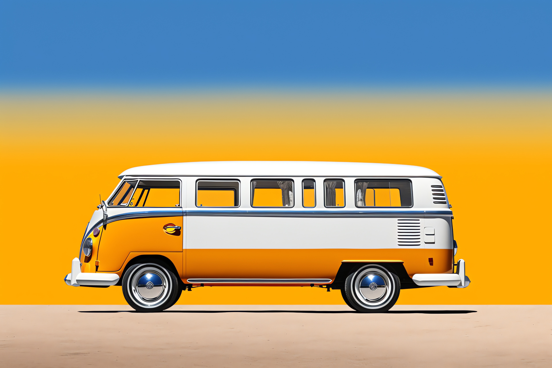 VW Bus T1, California Edition, yellow and white, beachy backdrop, summer drive, HD Desktop Image