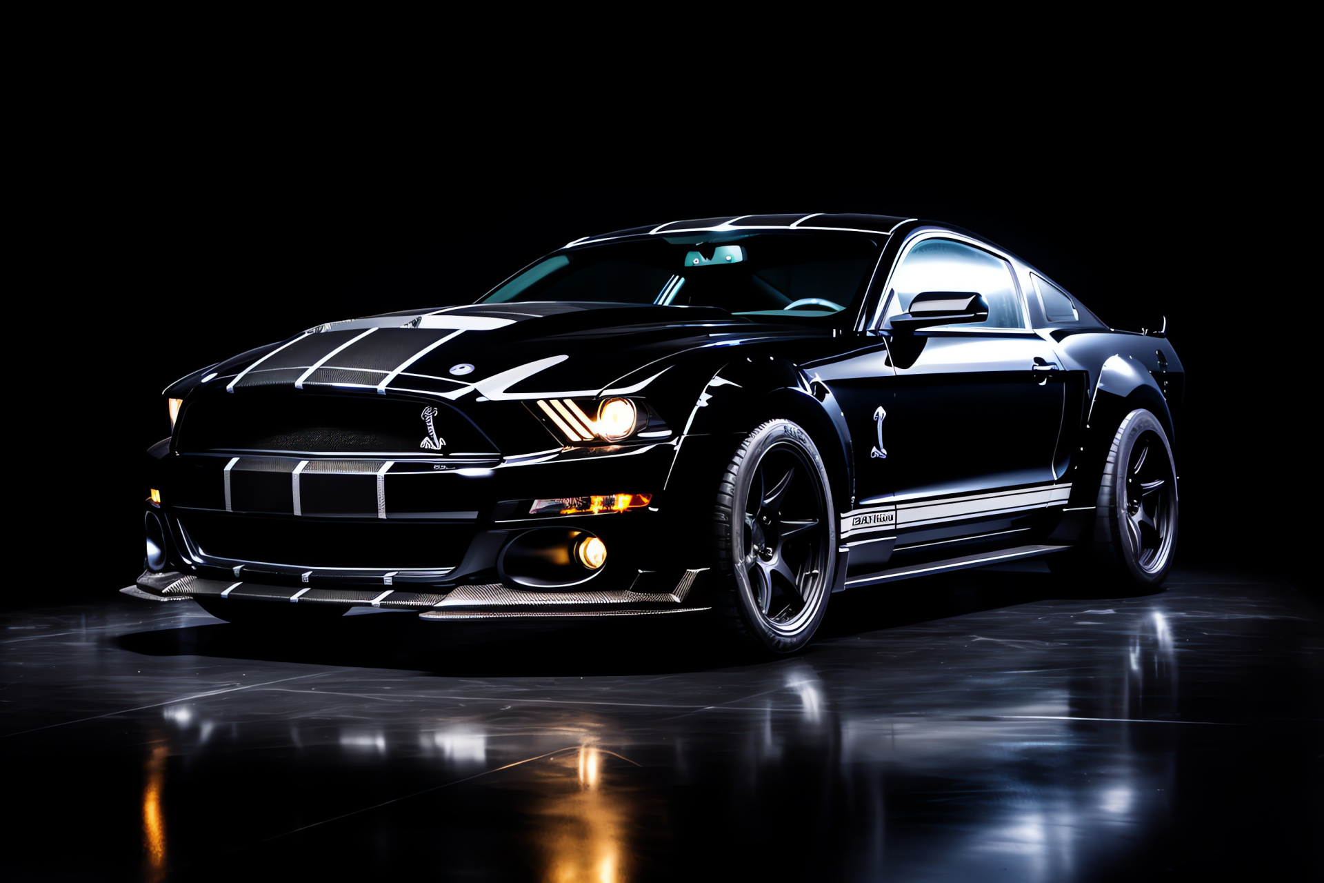Mustang power, Elevated angle intensity, Dark backdrop, Striking auto features, Assertive stance, HD Desktop Image