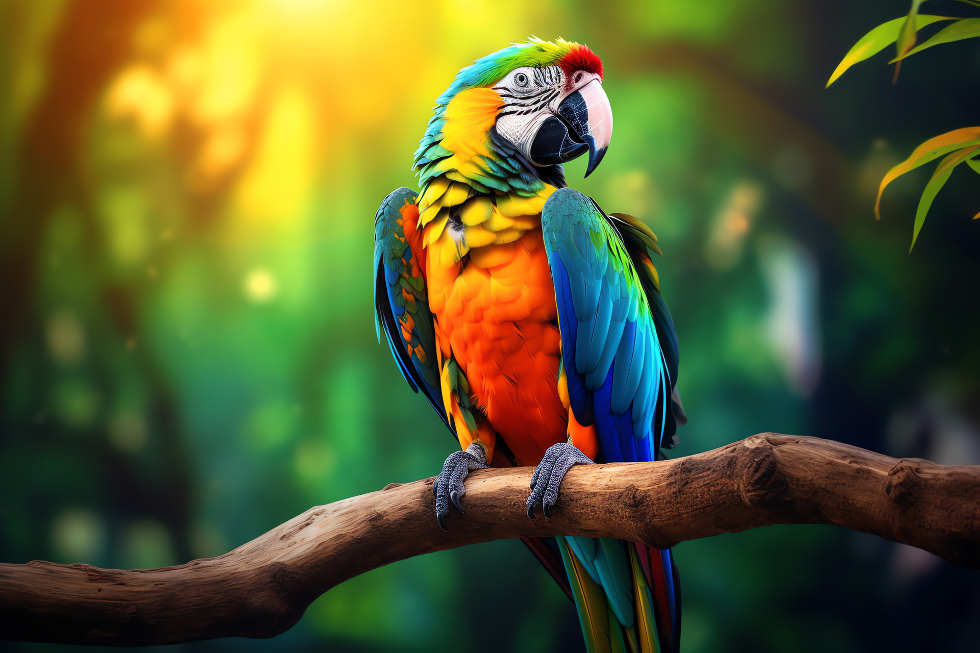 Parrot, Multicolor feather display, Avian branch rest, Captivating tri-color scene, Exotic bird, HD Desktop Image