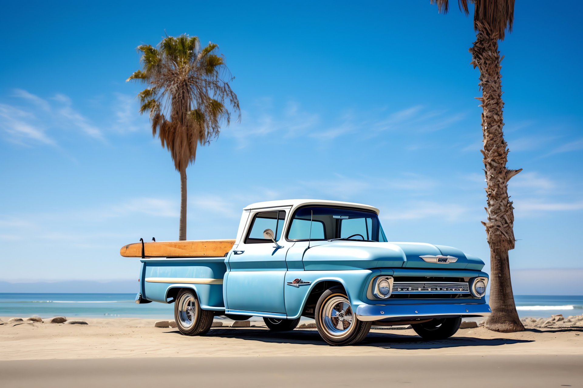 Chevrolet pickup scenery, seaside environment, surfer vehicle, coastal landscape, sea view, HD Desktop Wallpaper