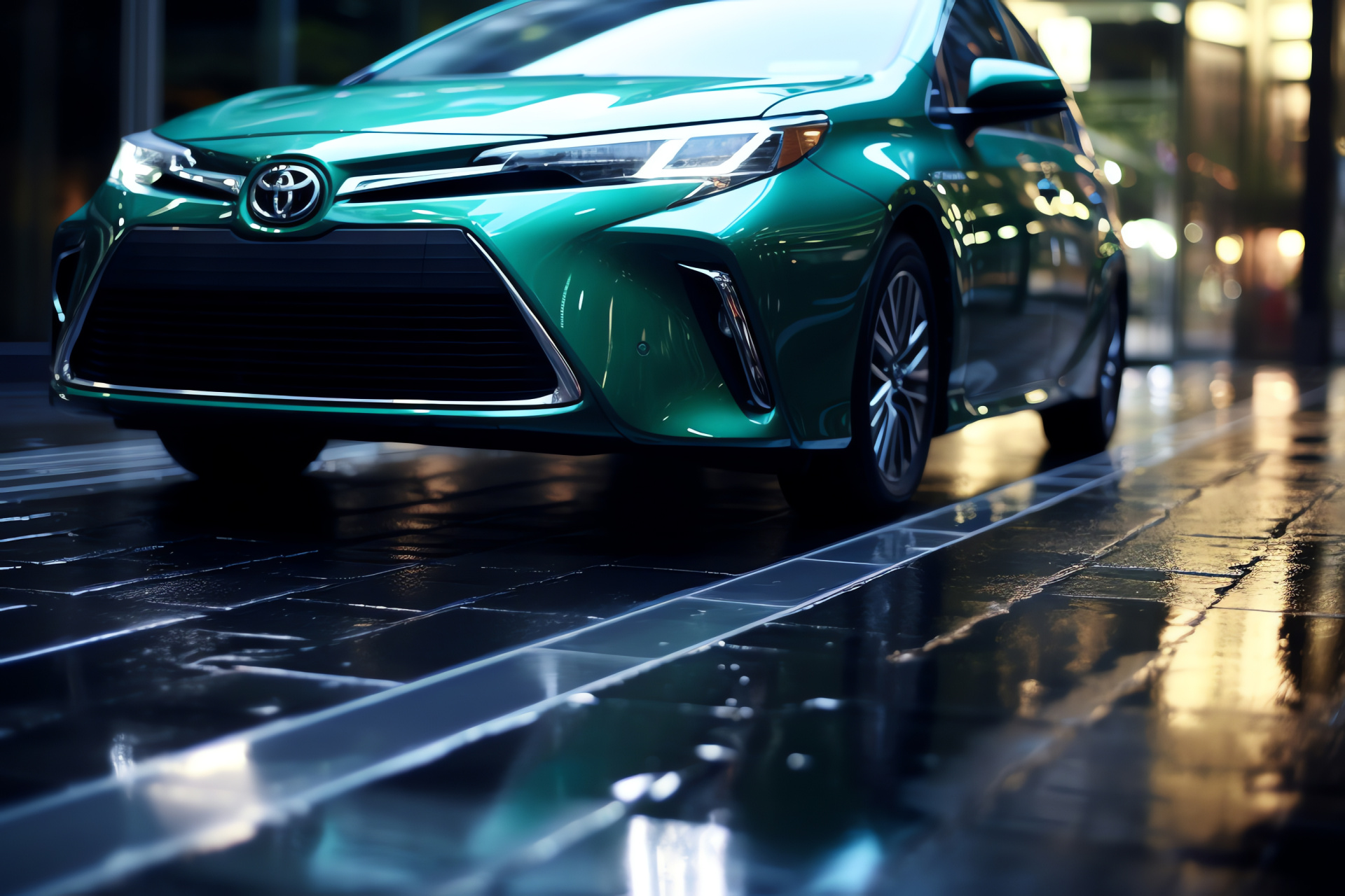 Toyota compact model, Hybrid vehicle in city, Eco-conscious driving, Urban emissions reduction, Automotive efficiency, HD Desktop Image