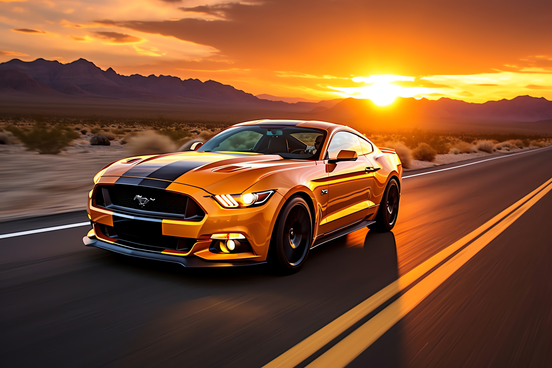 Mustang HD, Iconic Route 66, Arid desert terrain, Sunset ambiance, Freedom road, HD Desktop Wallpaper