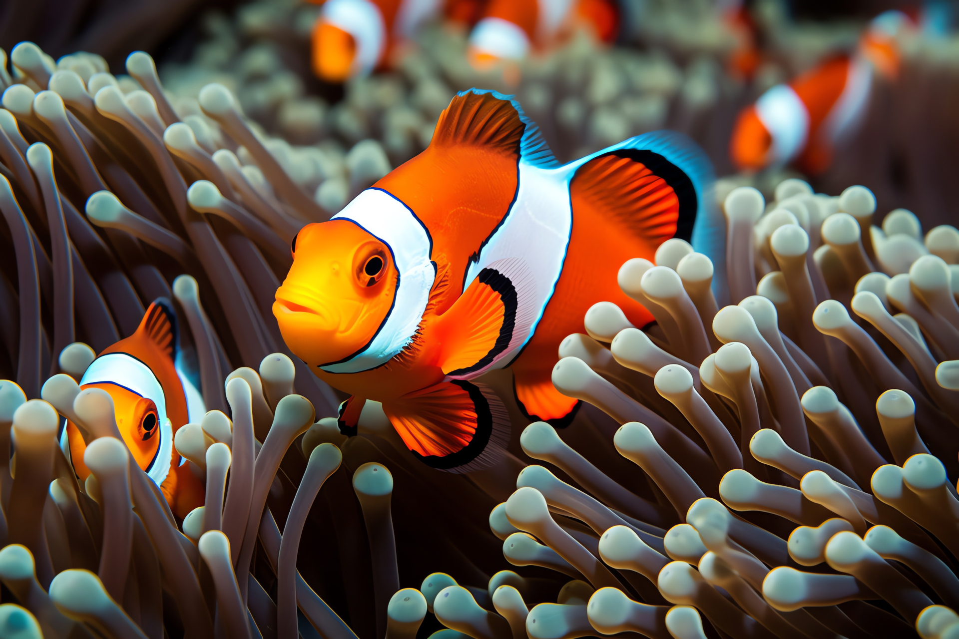 Clownfish in habitat, anemonefish species, coral reef residents, symbiotic relationships, marine fish, HD Desktop Image