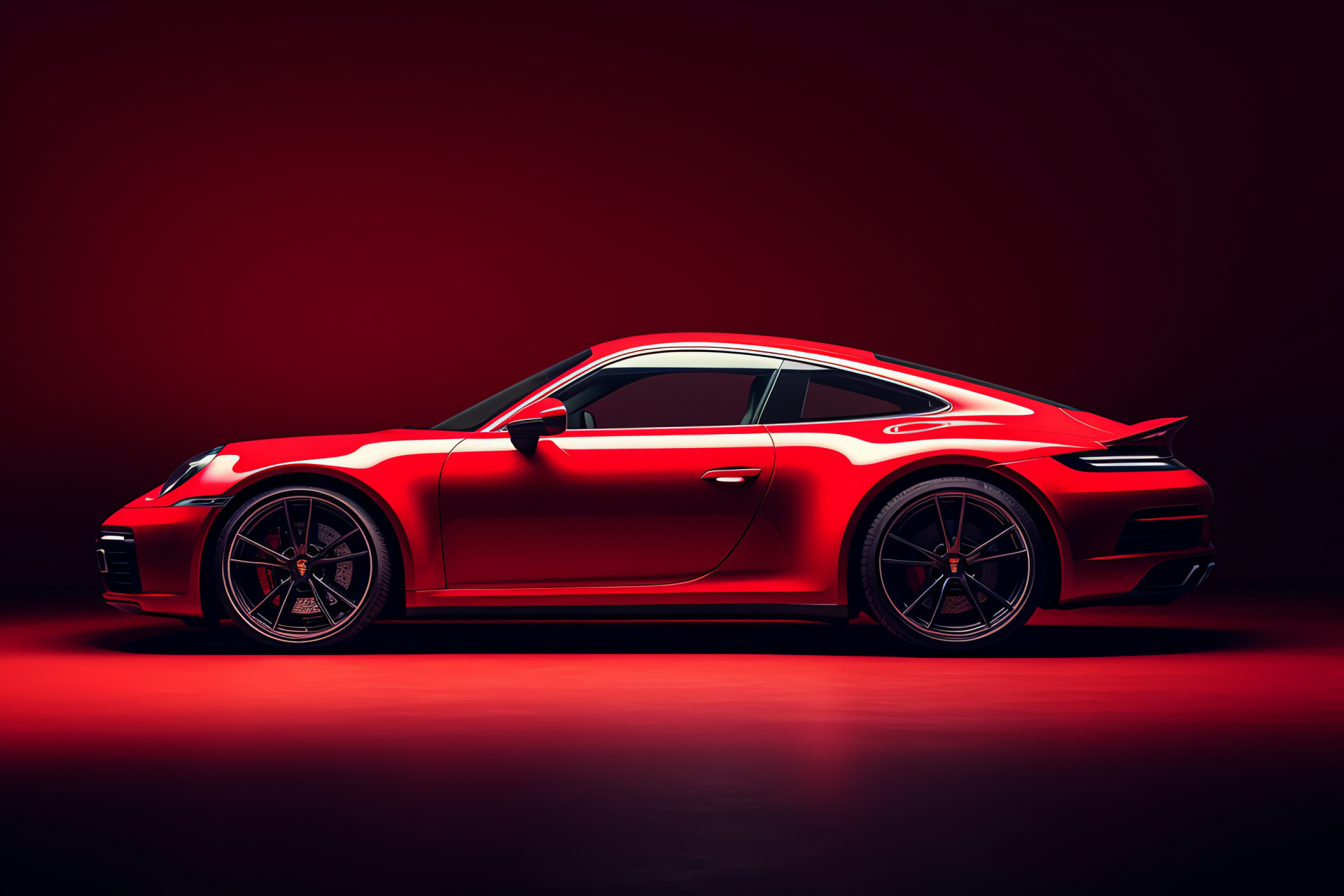 Porsche 911 in vivid red, Single-color environment, Side perspective, Sharp vehicle body, Intense red hue, HD Desktop Wallpaper