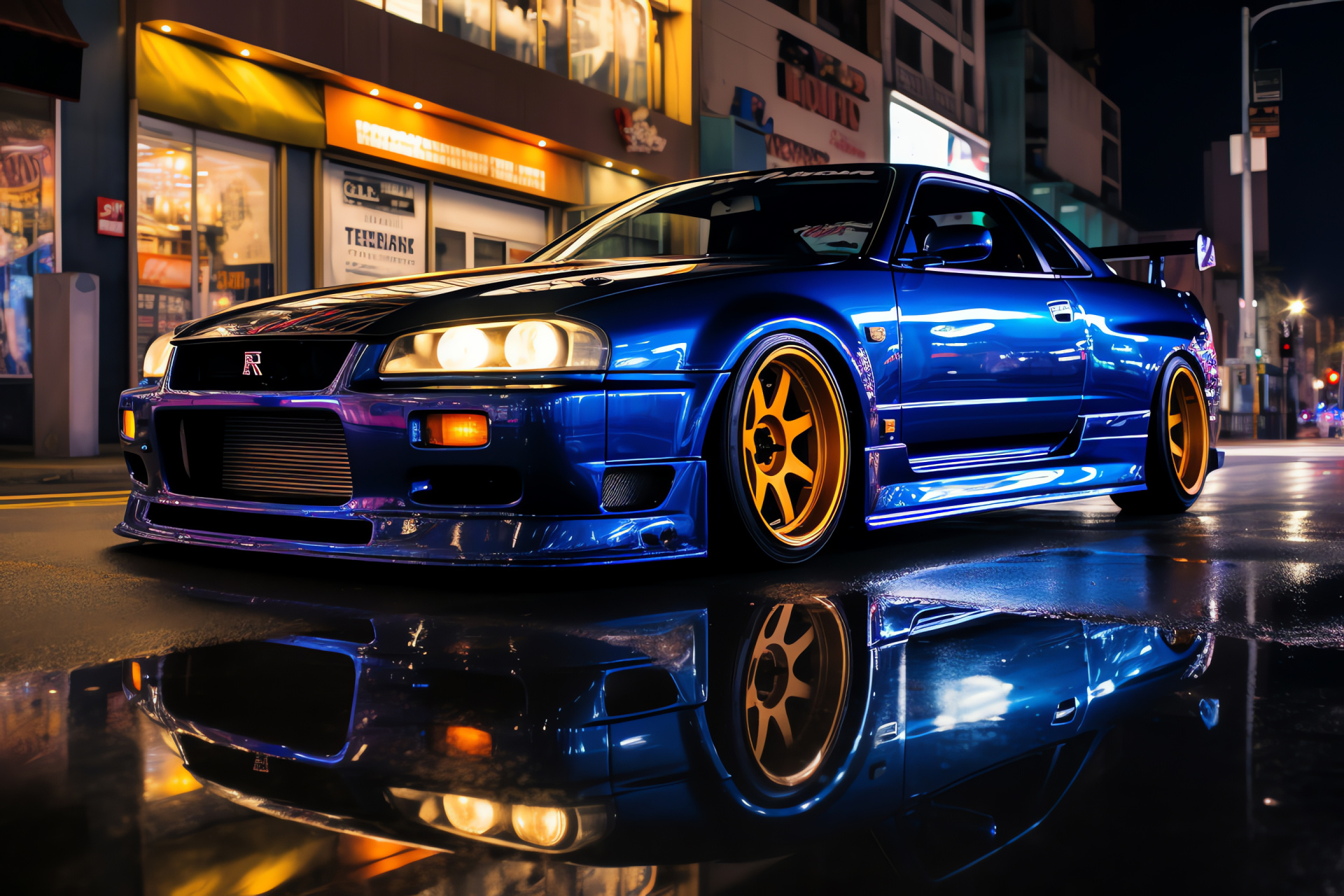 Nissan Skyline GTR R33, Los Angeles scene, Vibrant hues, Celebrated strip, Street performance, HD Desktop Image