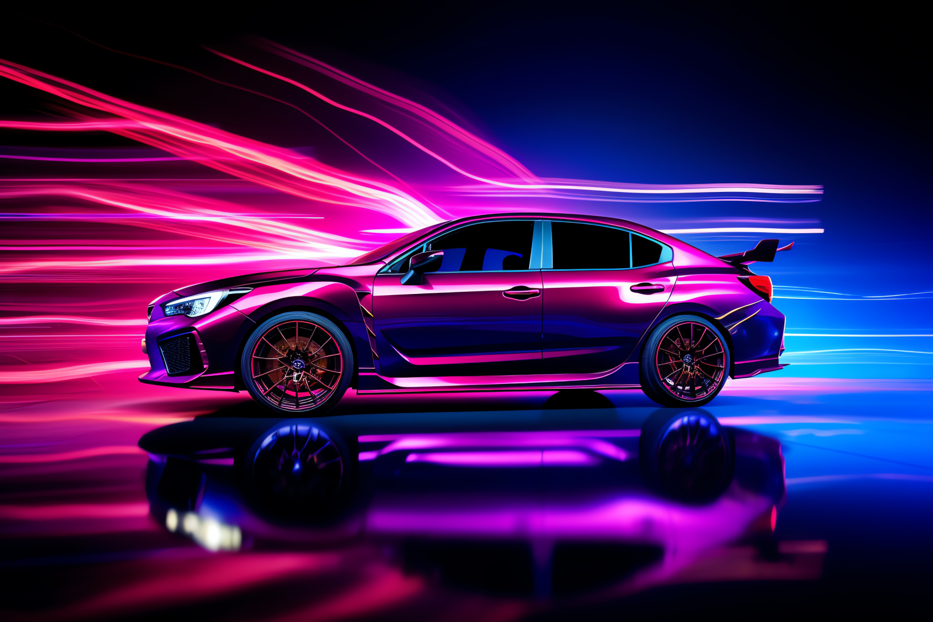 Subaru performance car, New WRX model, Automotive illumination, High-speed streaks, Nighttime urban flair, HD Desktop Image