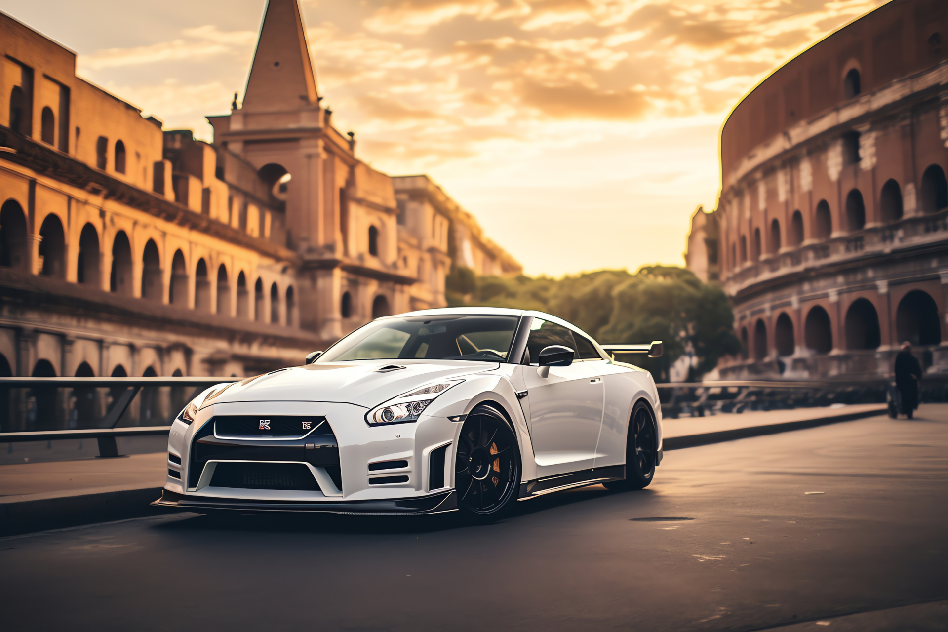 Nissan GTR HD, Rome streets, Historic monument proximity, Iconic Italian architecture, Performance car, HD Desktop Image