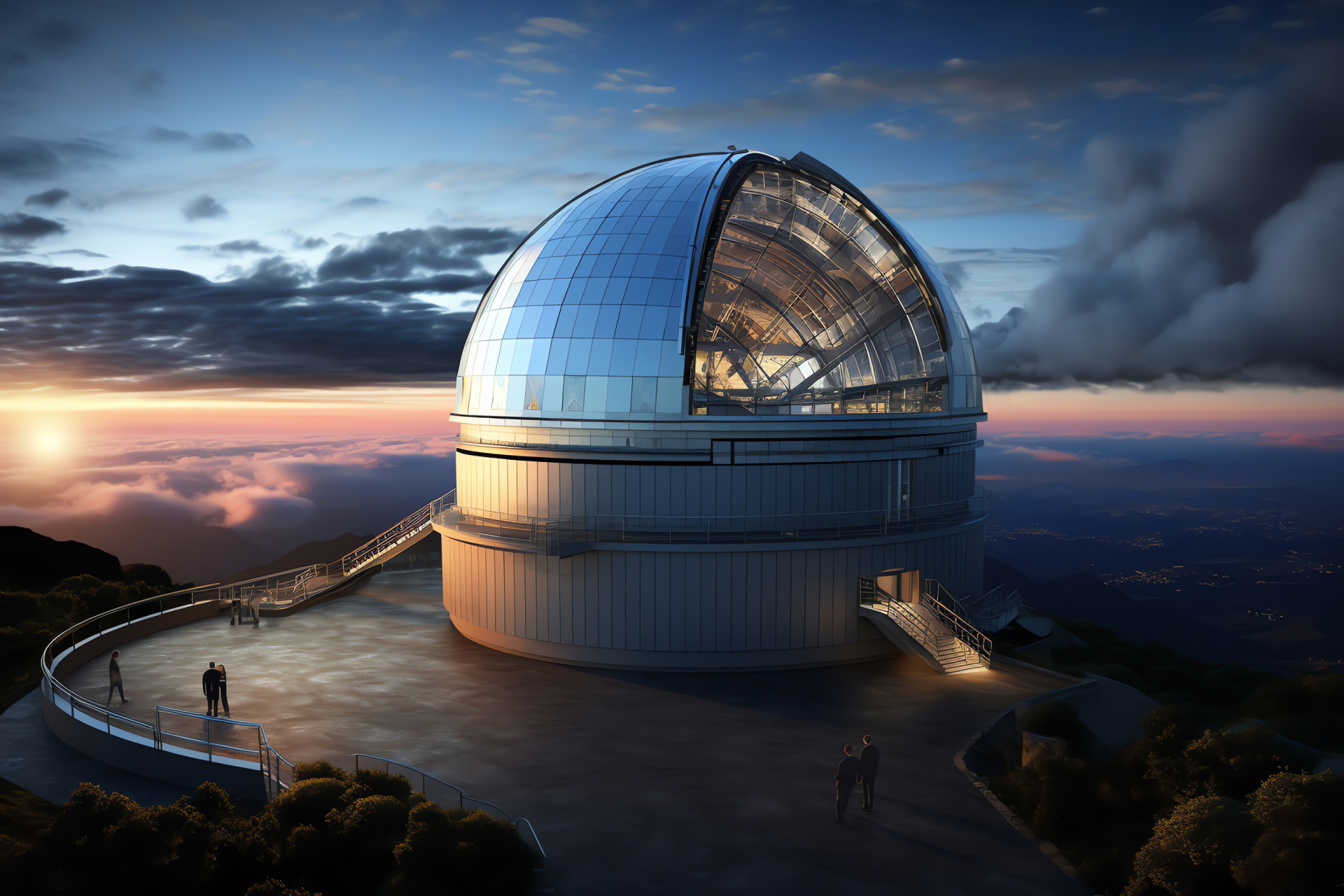 Earth-bound observatory, Observatory silhouette, Planetary atmosphere, Nighttime observation, Telescope design, HD Desktop Wallpaper