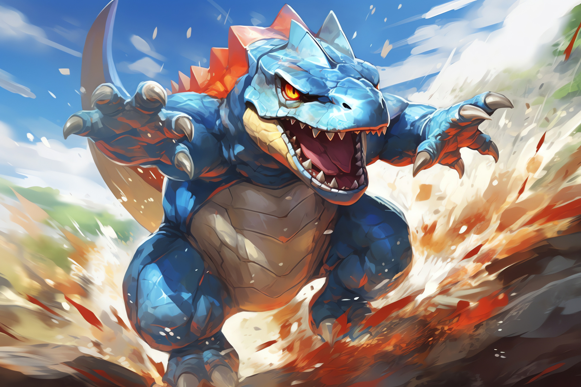 Totodile Pokmon, Intense battle situation, Sharp claws demonstration, Water-type moves, Anime Pokdex entries, HD Desktop Image