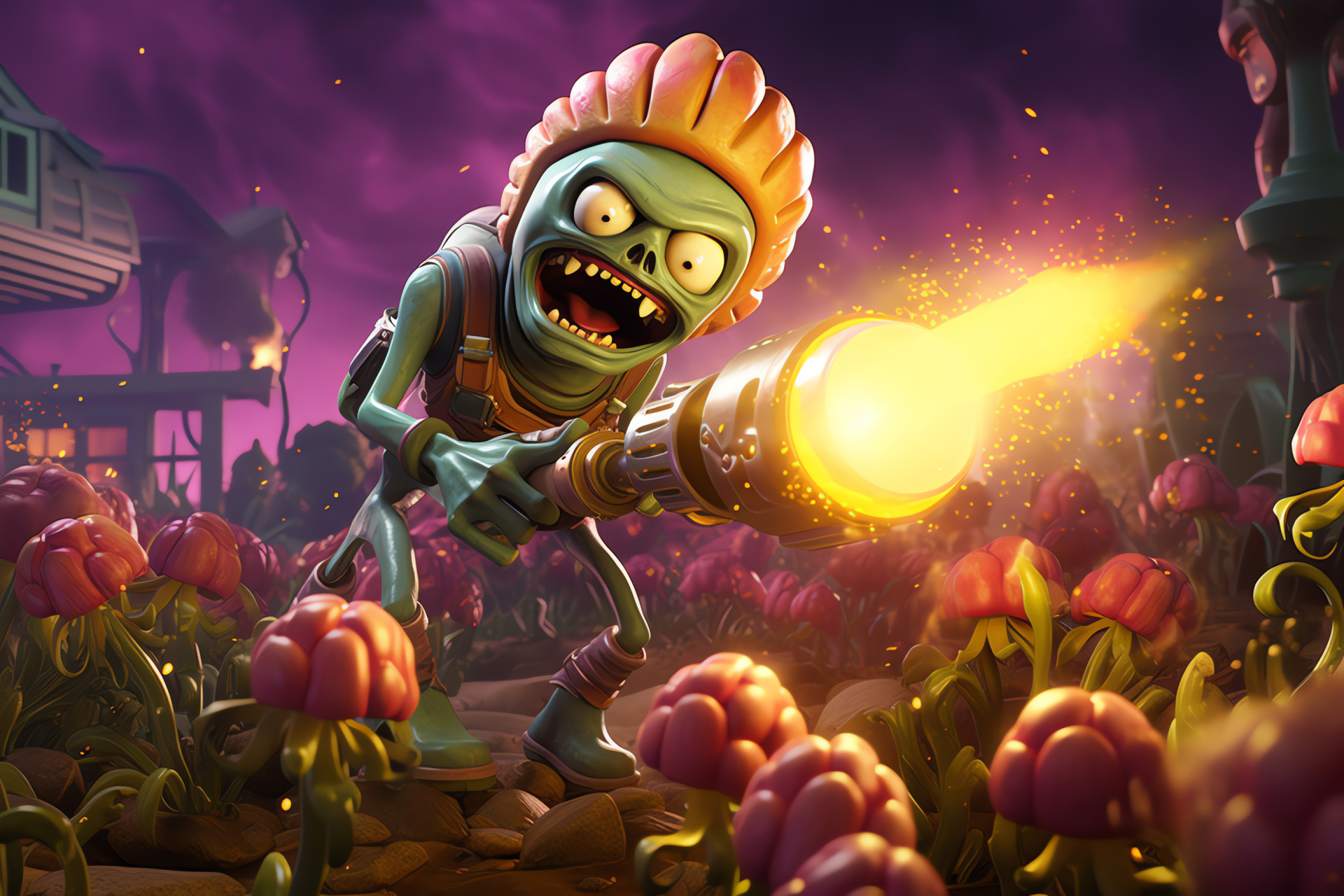 Backyard Battleground, PvZ Garden Warfare visuals, cheerful illustration, animated style, avant-garde scenery, HD Desktop Image