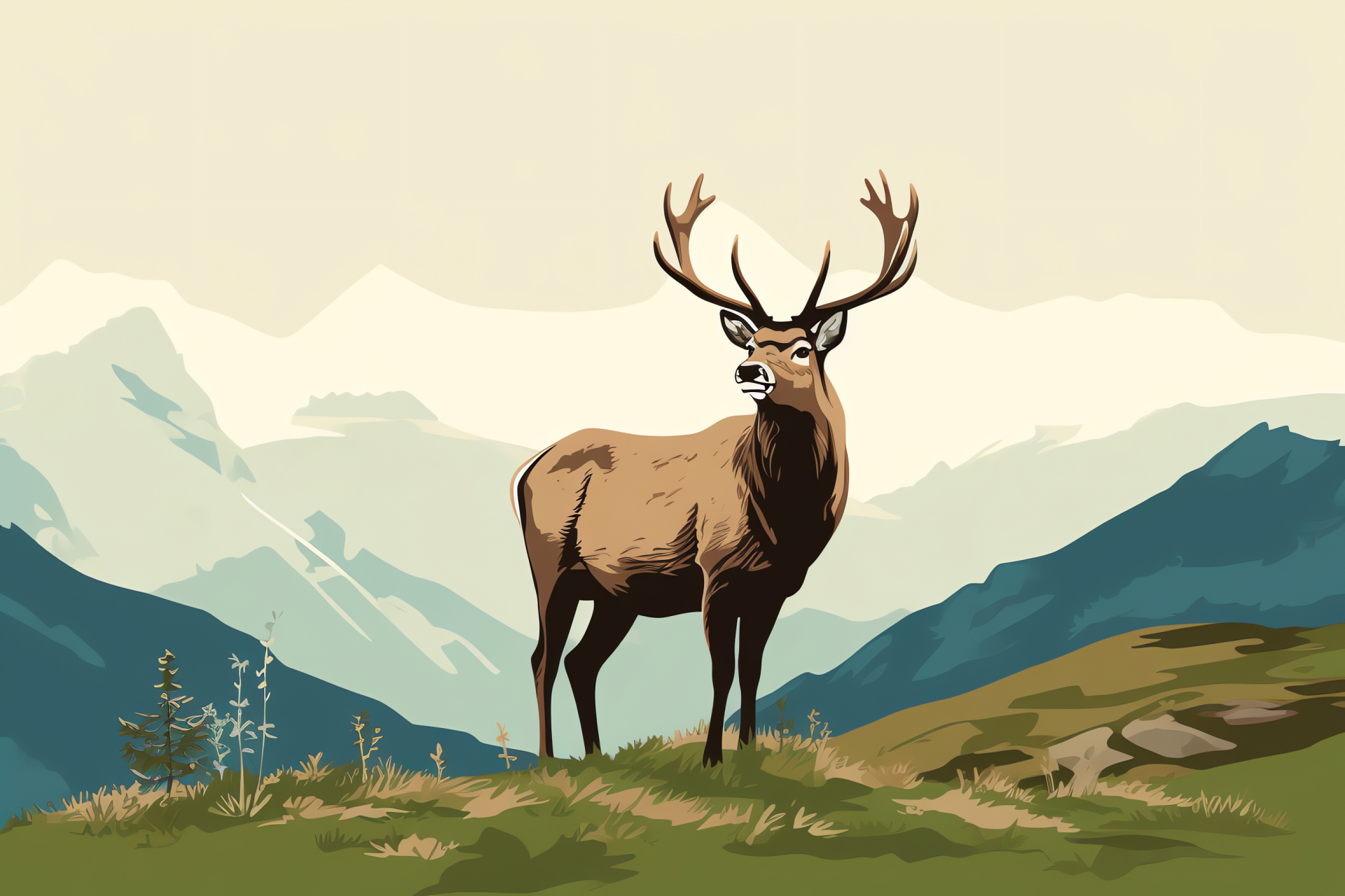 Reindeer wildlife, Antlered grazer, Brown gaze, Untamed environment, Moss growth, HD Desktop Image