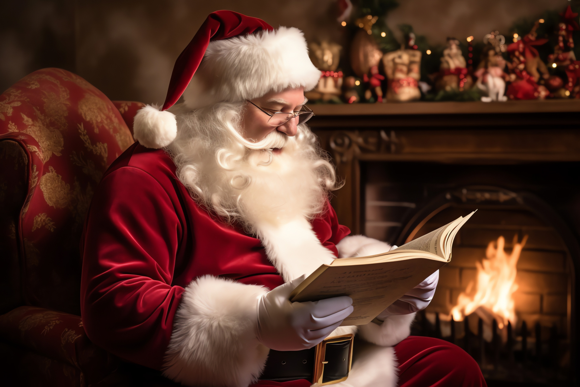 Santa Claus den, Festive tomes collection, Holiday hearth blaze, Correspondences to Kris Kringle, Yuletide ambiance, HD Desktop Image