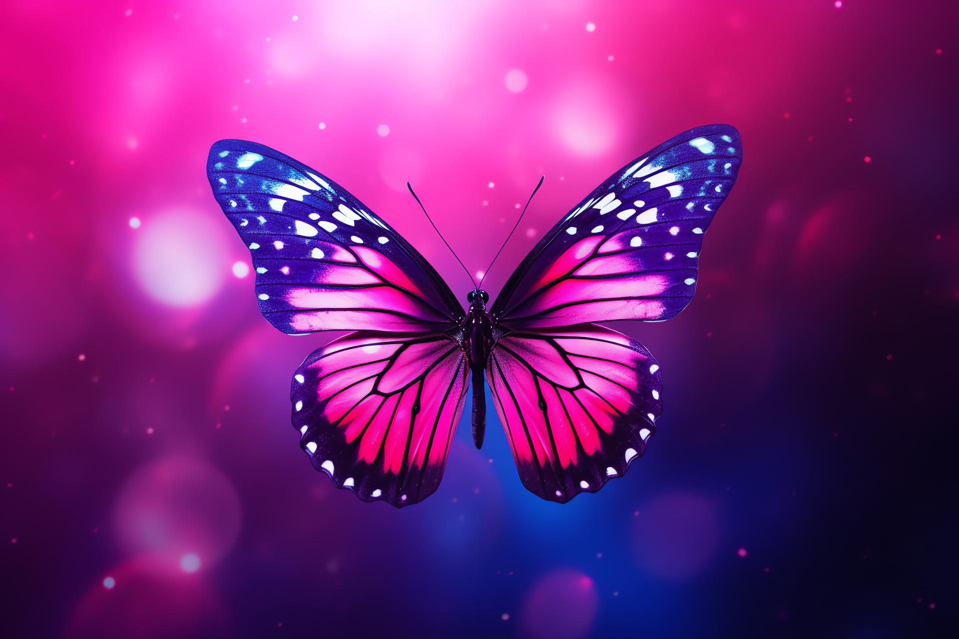 Insect flight, dreamlike backdrop, luminescent wing display, energetic wing hues, floating grace, HD Desktop Wallpaper