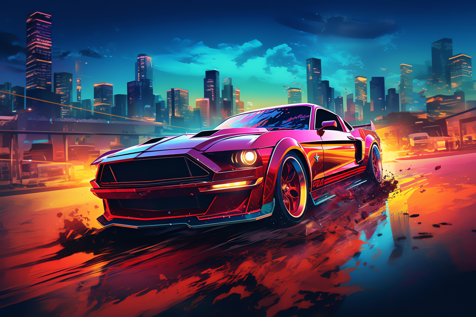 Iconic Mustang, broad perspective, dynamic terrain, light art, avant-garde city panorama, HD Desktop Image
