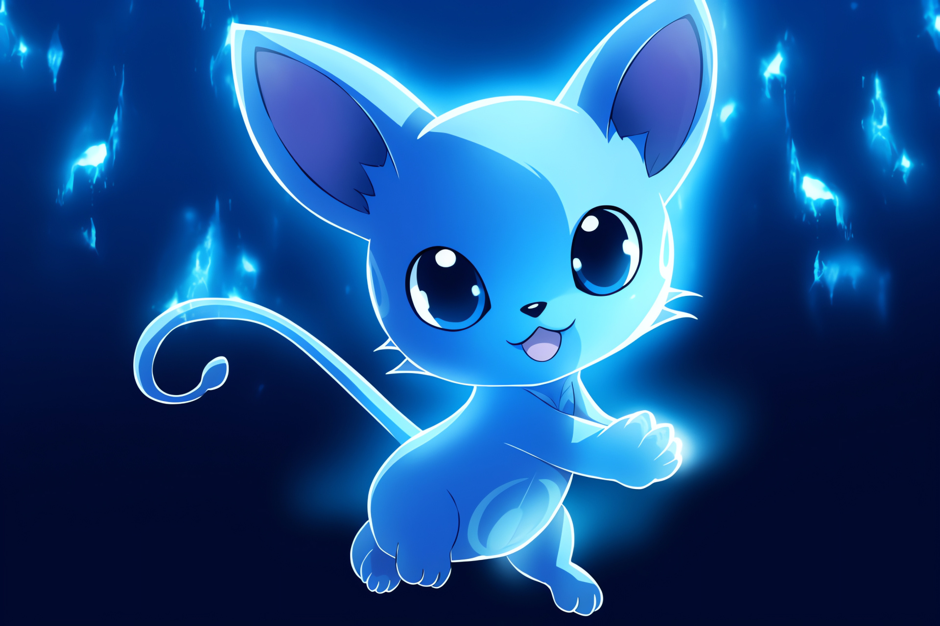 Mythical Mew encounter, Rare Pokemon sighting, Telekinesis and hovering animation, Psychic aura, Sapphire gaze, HD Desktop Image