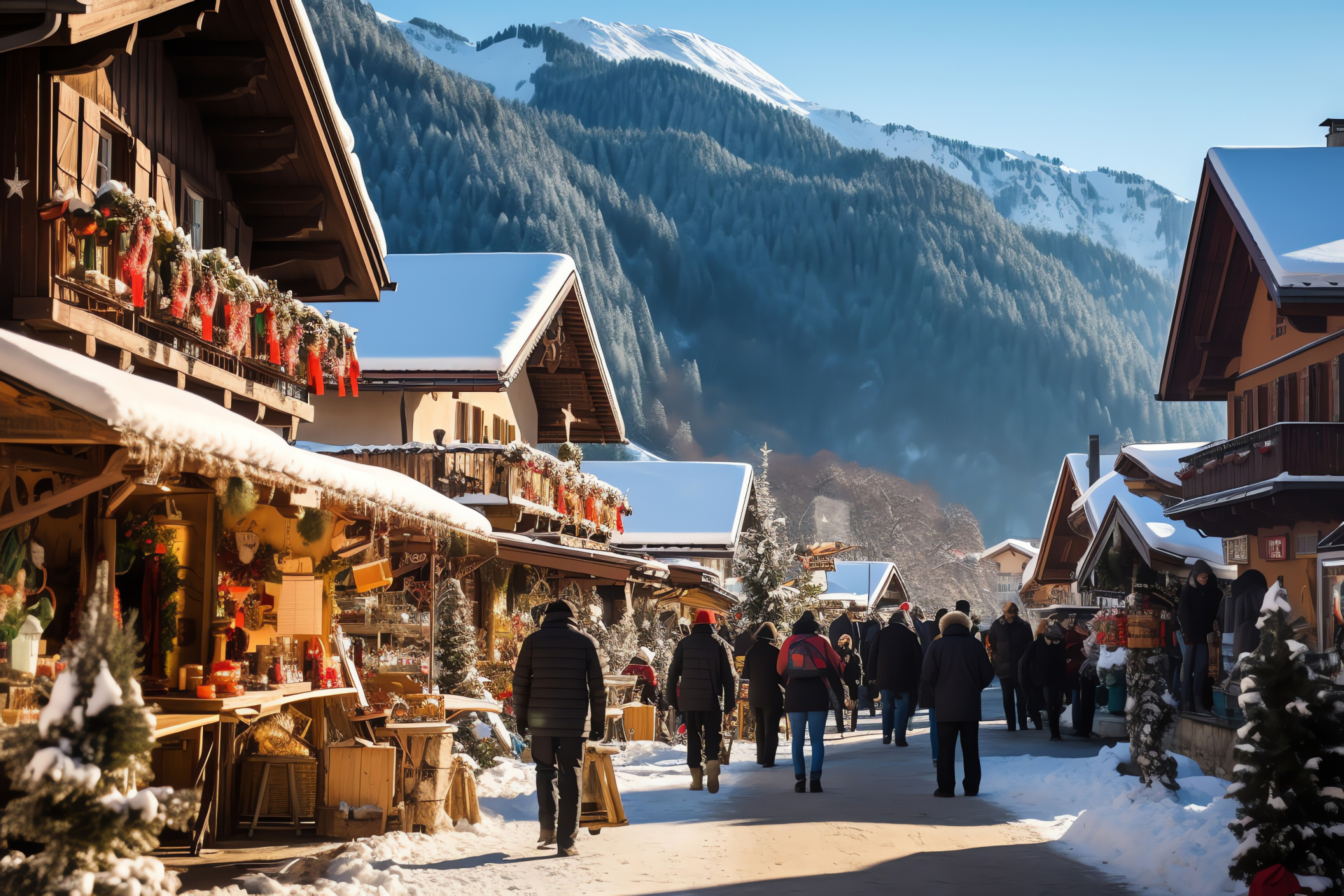Winter Festival Scene, Snow-laden Alpine Village, Yuletide Market Atmosphere, European Hamlet, Holiday Timber Houses, HD Desktop Image