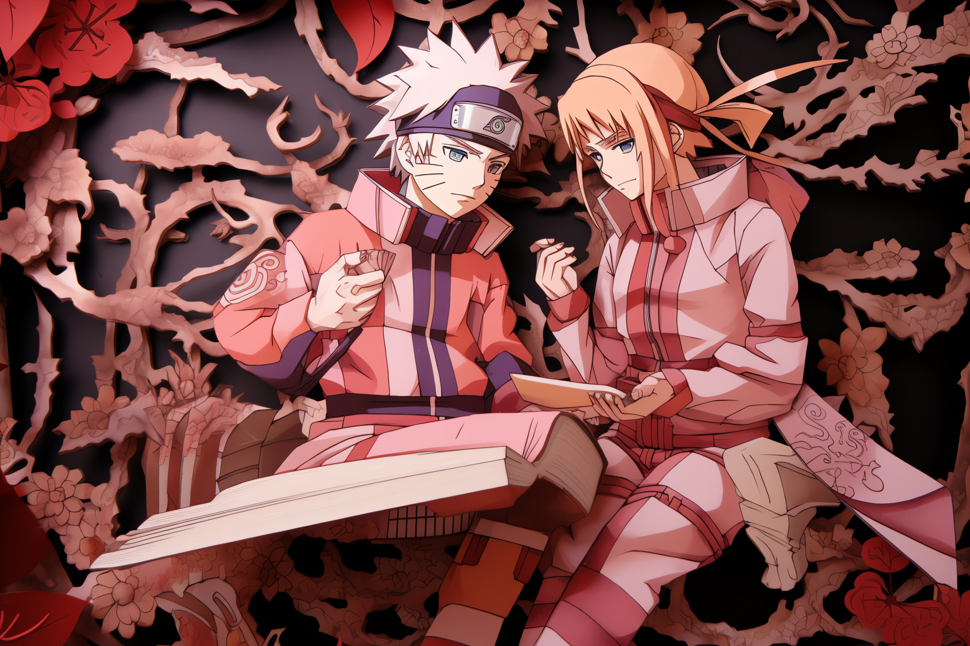 Naruto and Sakura determination, Dual-tone abstract backdrop, Manga series characters, Anime focused gaze, Graphic design simplicity, HD Desktop Wallpaper