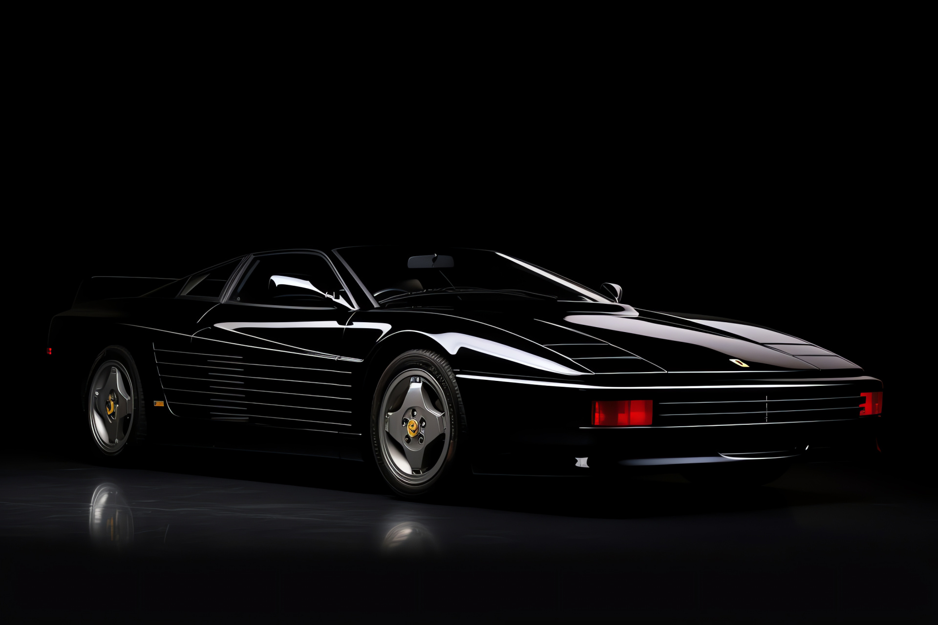 Testarossa 1995 edition, Elevation angle, Black sports car, Italian design, Monochromatic backdrop, HD Desktop Wallpaper