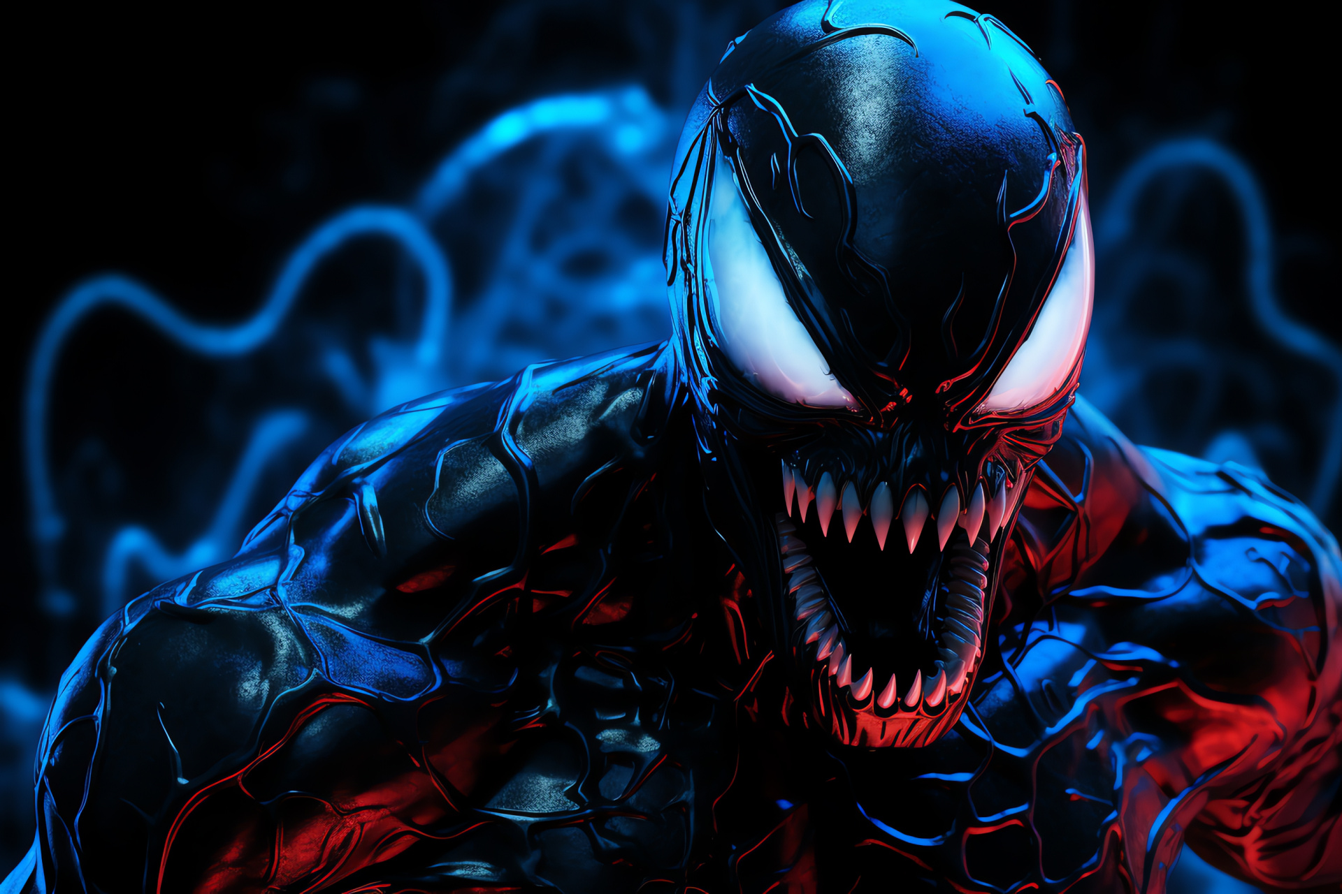 Venom symbiote terror, Alien anti-hero, Ominous presence, Twisted tendrils, Monstrous visage, HD Desktop Image