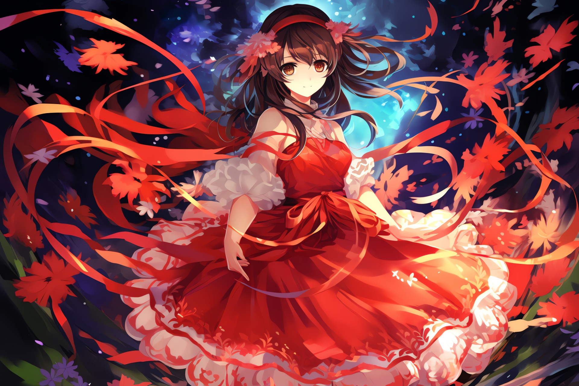 Reimu Hakurei, Touhou shrine maiden, Silken ebony locks, Crimson gaze, Traditional gohei wand, HD Desktop Image