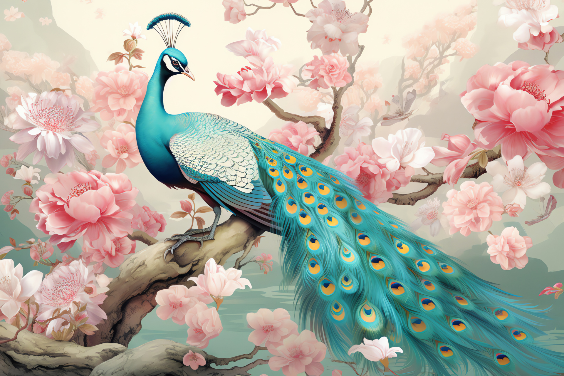 Elegant peacock beauty, ornithology spectacle, fan-tailed bird, peafowl display, birdwatching interest, HD Desktop Wallpaper