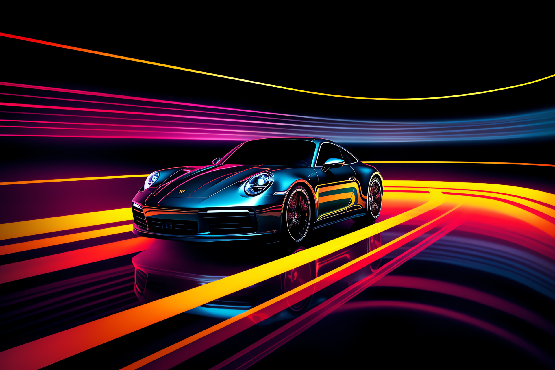 Futuristic Porsche 911, Abstract light trails, High perspective shot, Aerodynamic performance, Digital art, HD Desktop Wallpaper